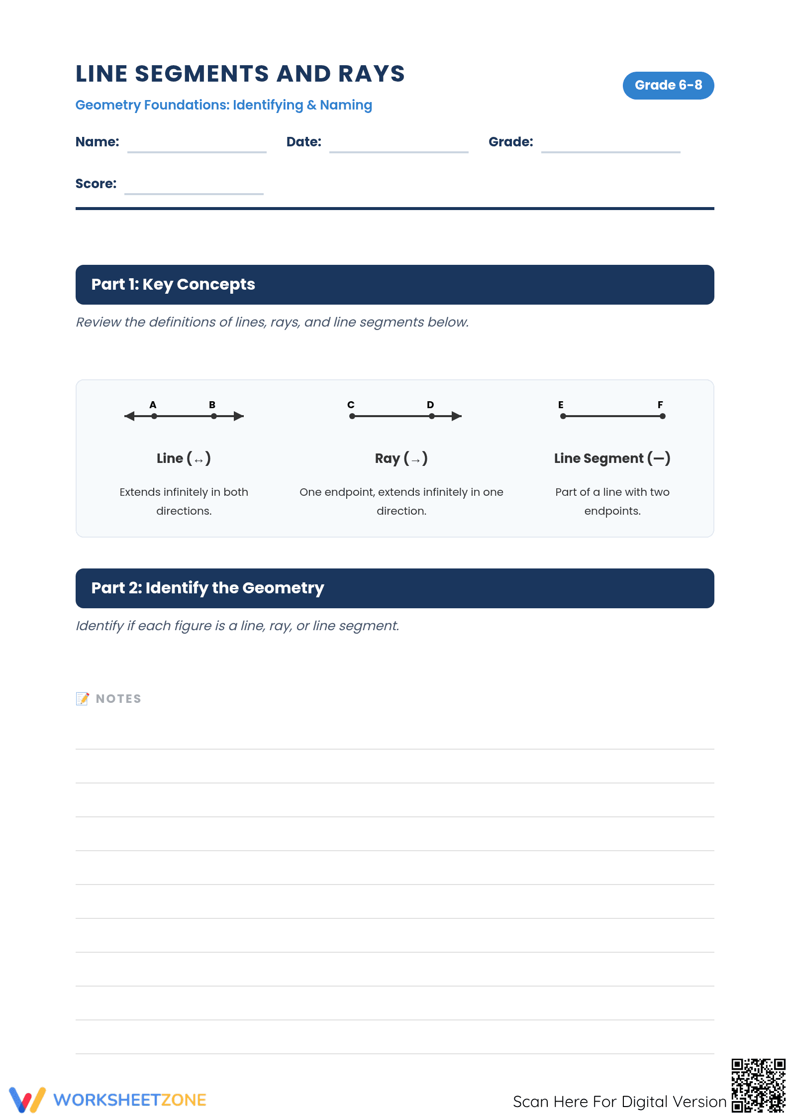 Essential Line Segments and Rays Worksheet | Grade 6-8 - Page 1