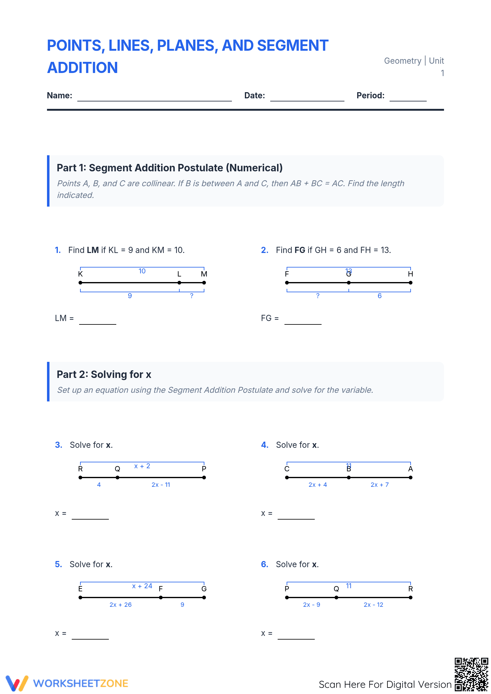 Printable Segment Addition Postulate & Geometry Worksheet - Page 1