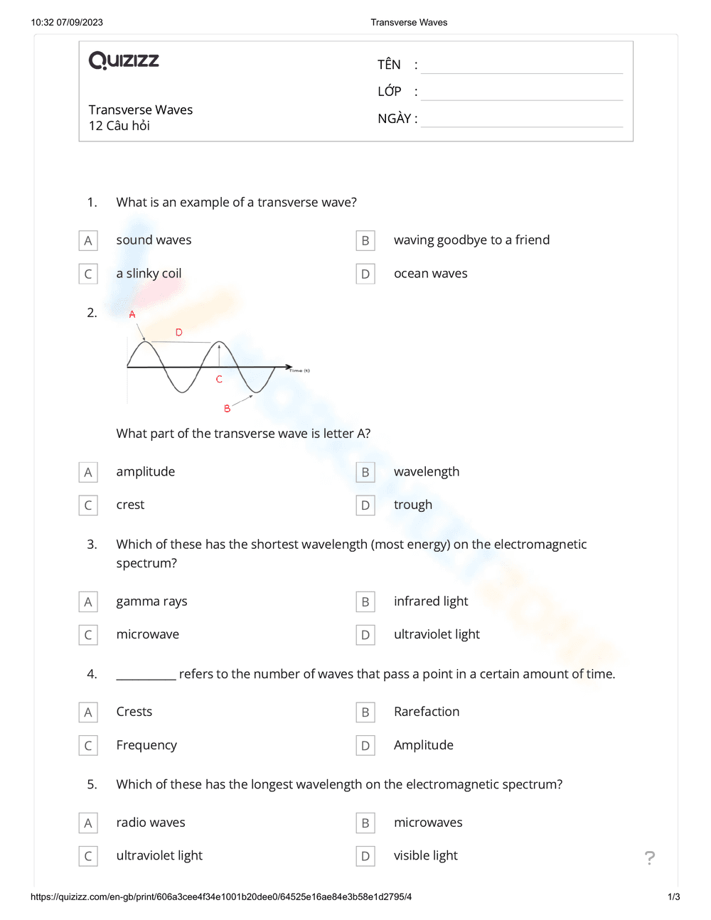 Transverse Waves Exercises Worksheet - Page 1