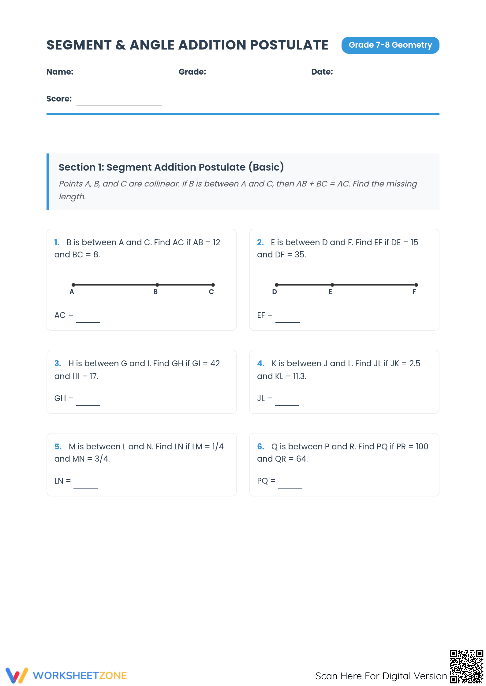 Essential Segment & Angle Addition Postulate Worksheet - Page 1