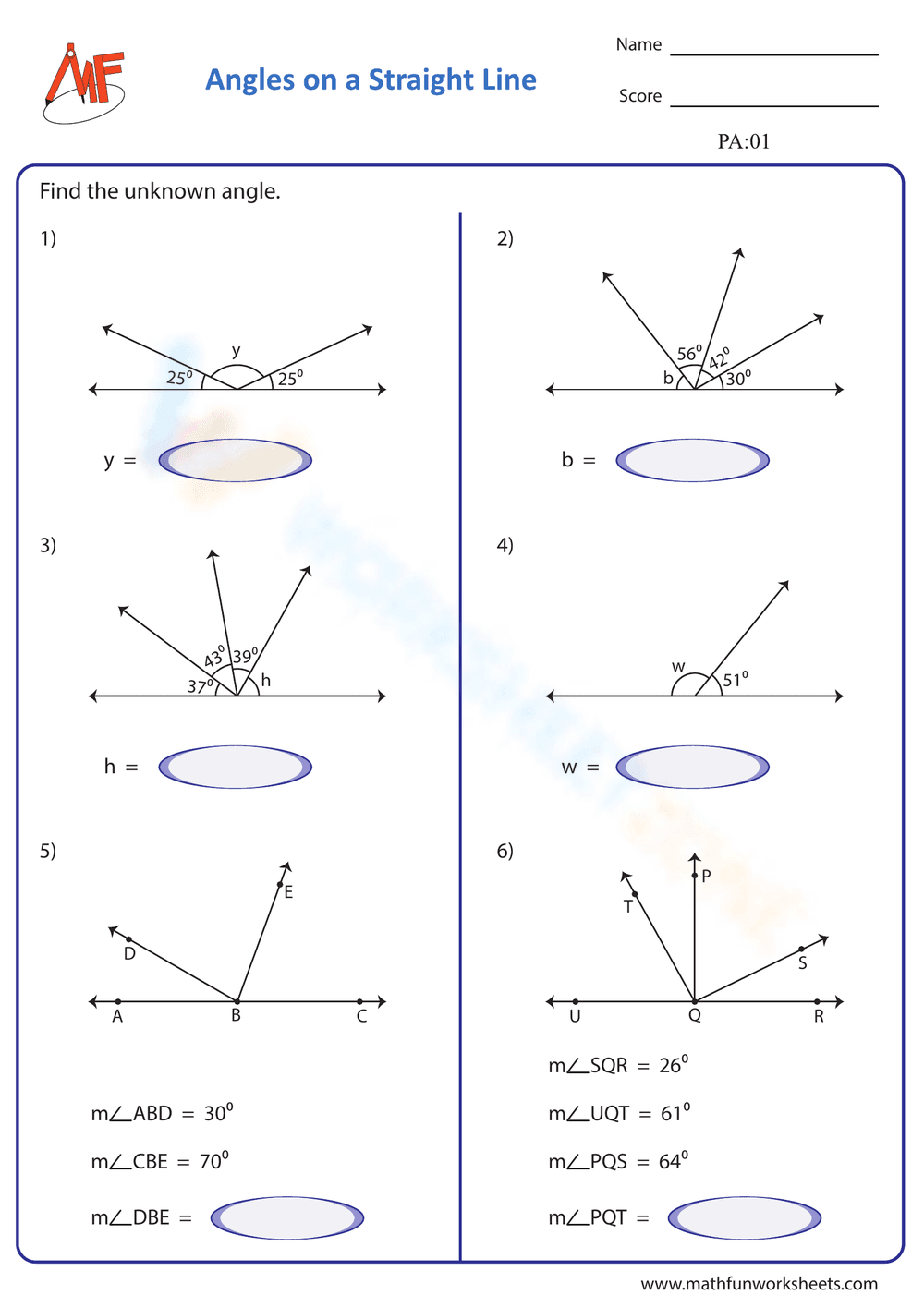 Angles on a Straight Line Worksheet – Find the Unknown Angle - Page 1