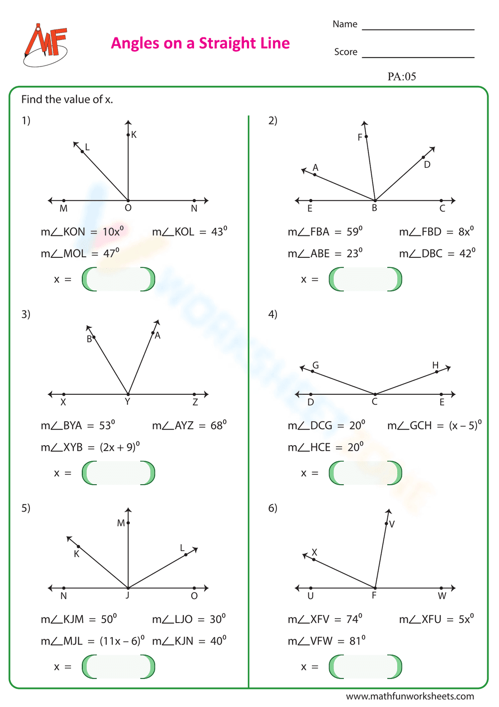 Angles on a Straight Line Worksheet – Solve for x and Angle Measures - Page 1
