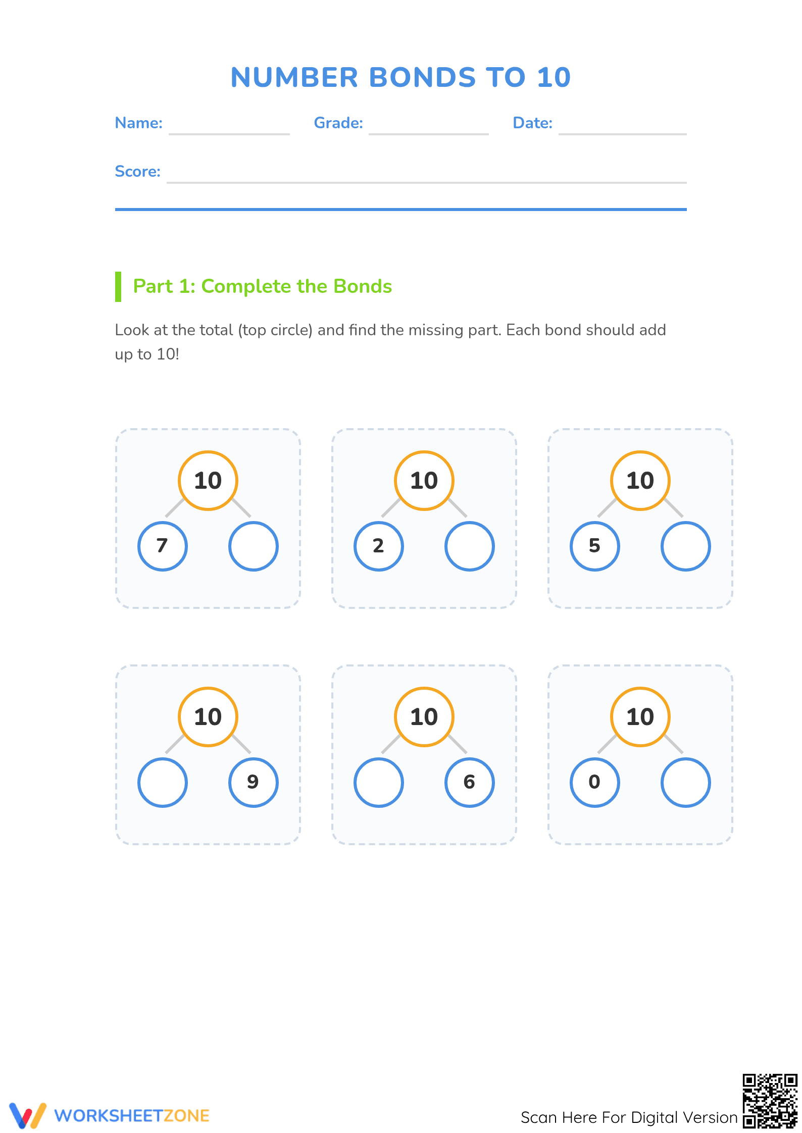 Grade 1 Number Bonds to 10 — Printable No-Prep Worksheet - Page 1
