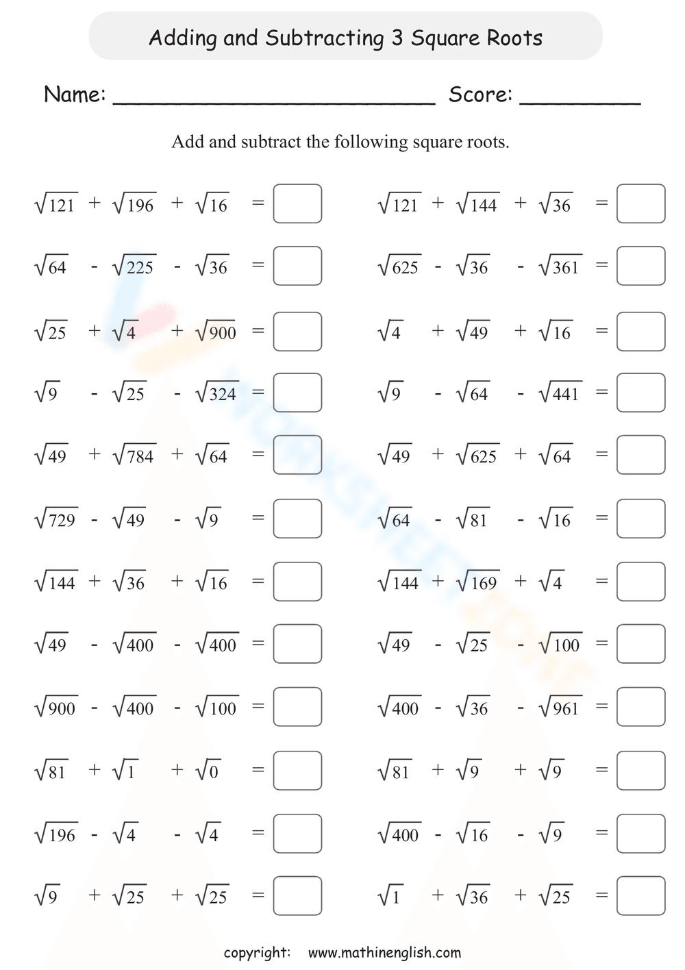 Adding and Subtracting Square Roots Worksheet - Page 1