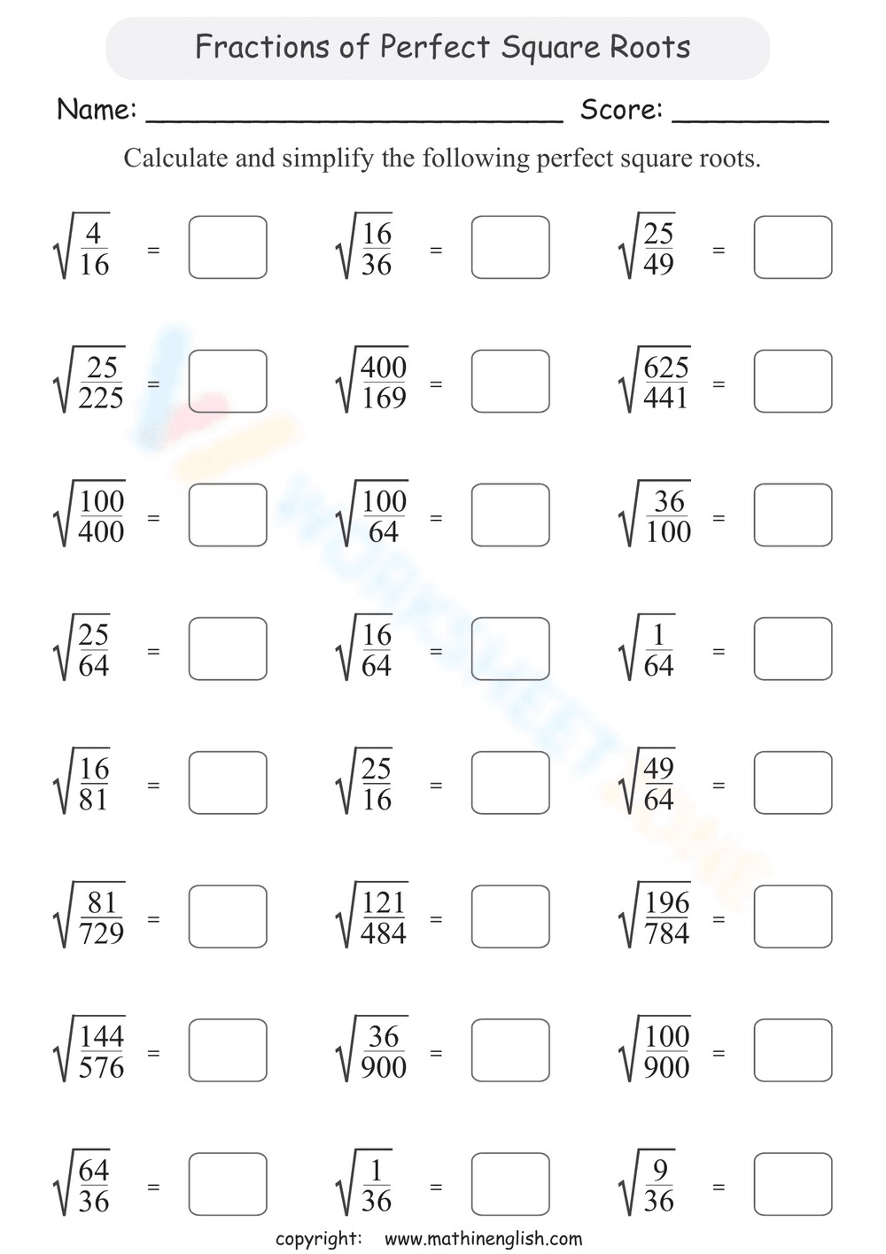 Fractions of Perfect Square Roots Worksheet - Page 1