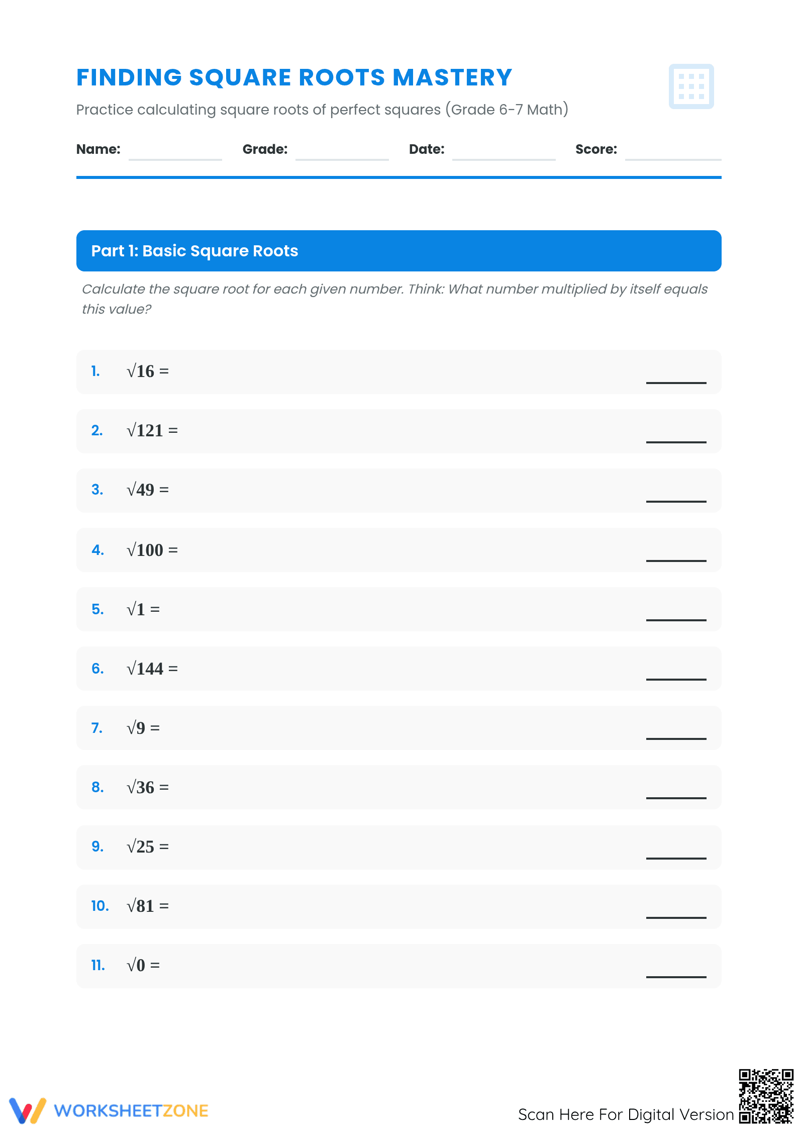 Essential Square Roots Practice Worksheet | Grades 6-7 - Page 1