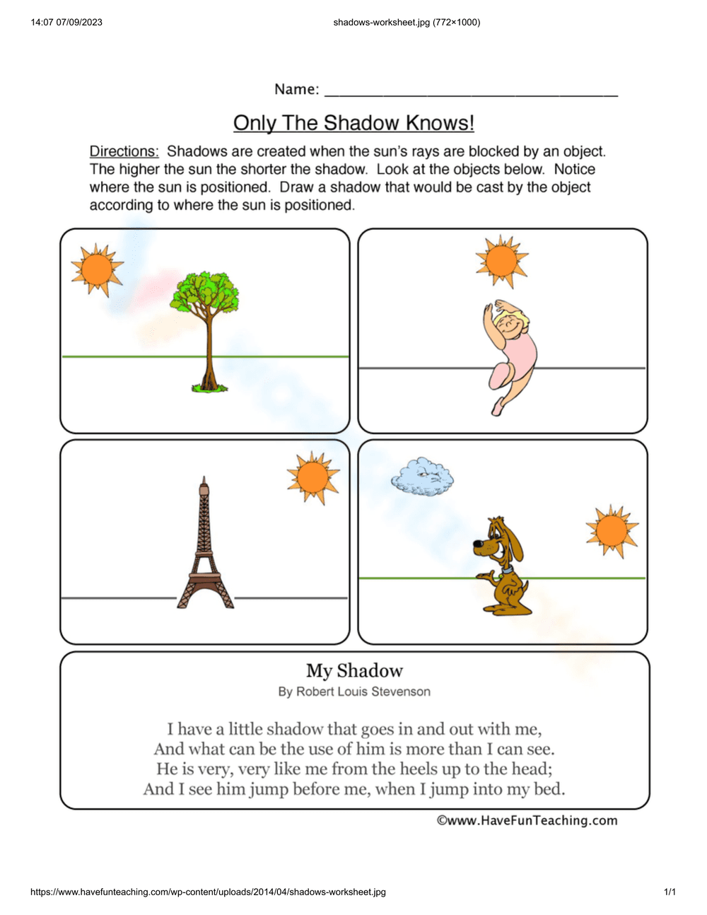 Grade 2-3 Shadows Worksheet — Printable Science Activity - Page 1