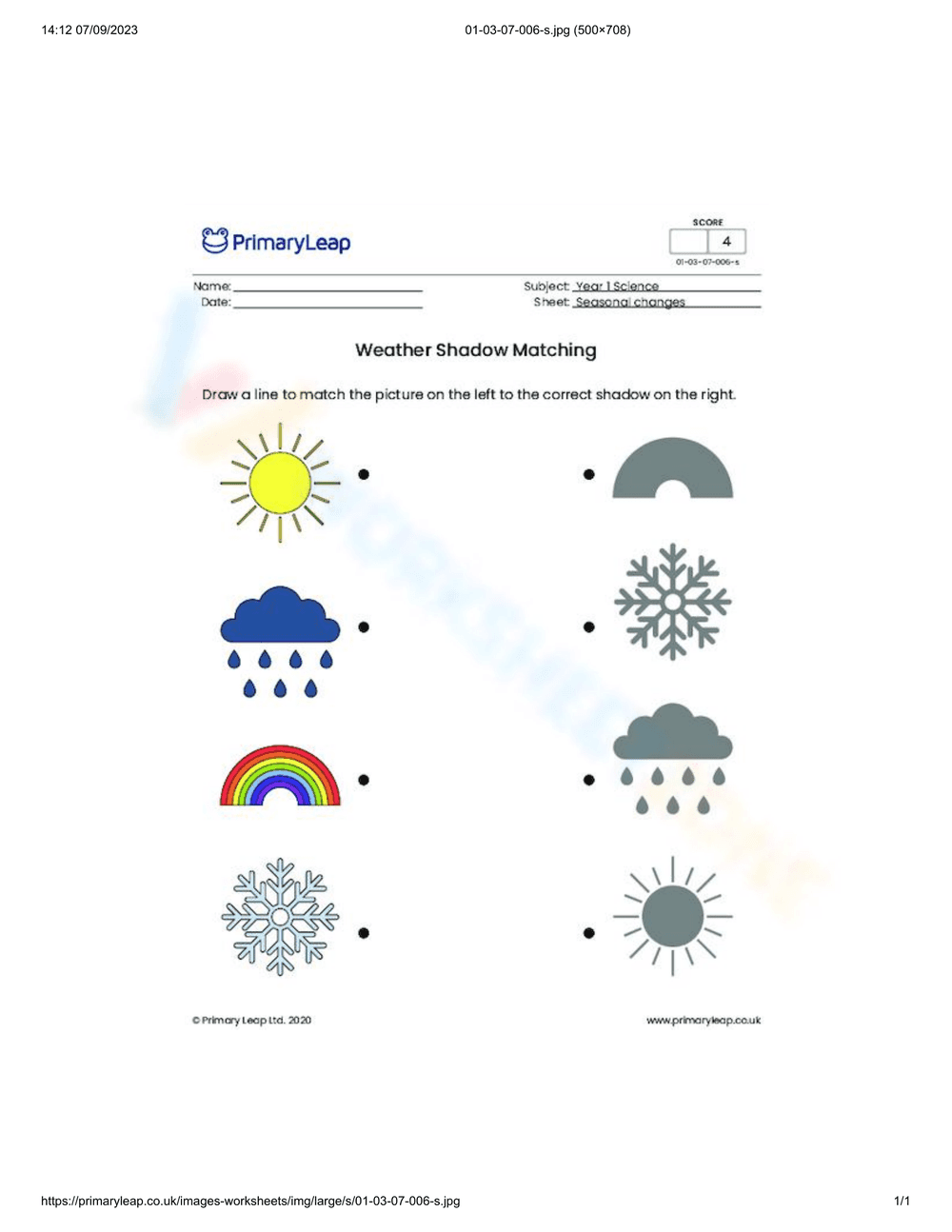 Weather Shadow Matching | Grade 1 Science Printable - Page 1