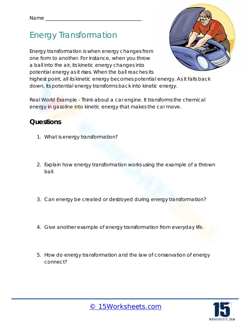 Practice Energy Transformation Concepts Worksheet - Page 1