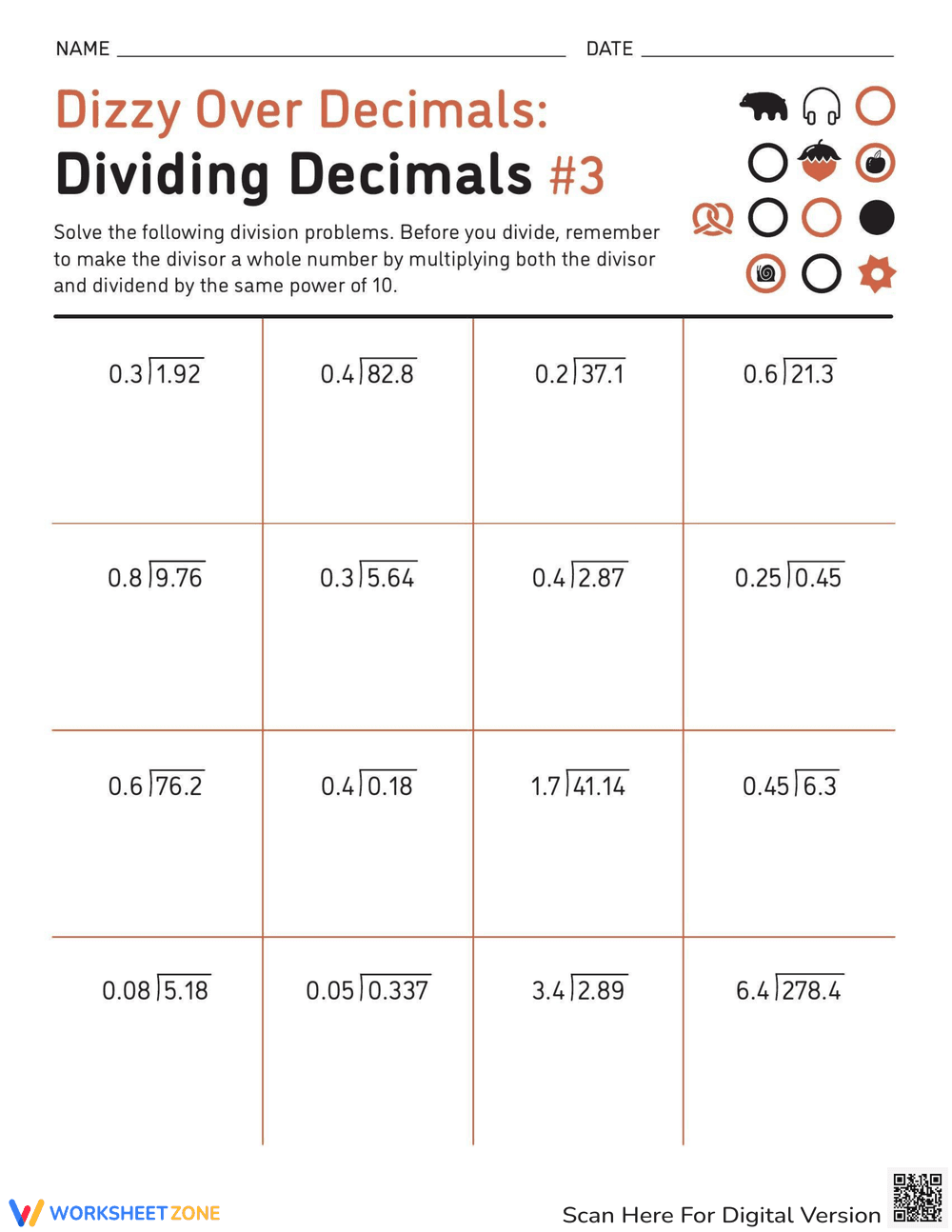Dividing Decimals Math Worksheet - Page 1
