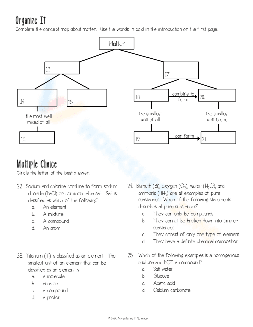 Classifying Matter Introduction Worksheet - Page 1