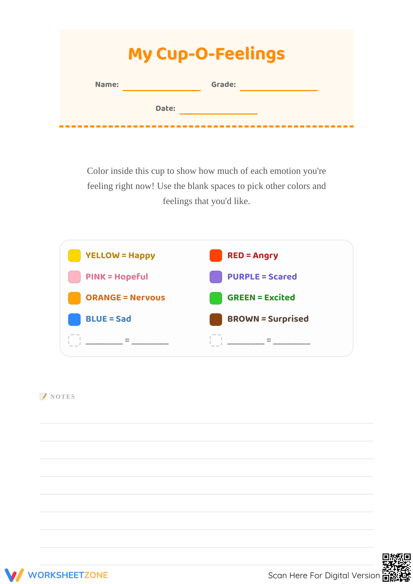 Printable Feelings Coloring Cup Worksheet | Grade 1-2 Ready - Page 1