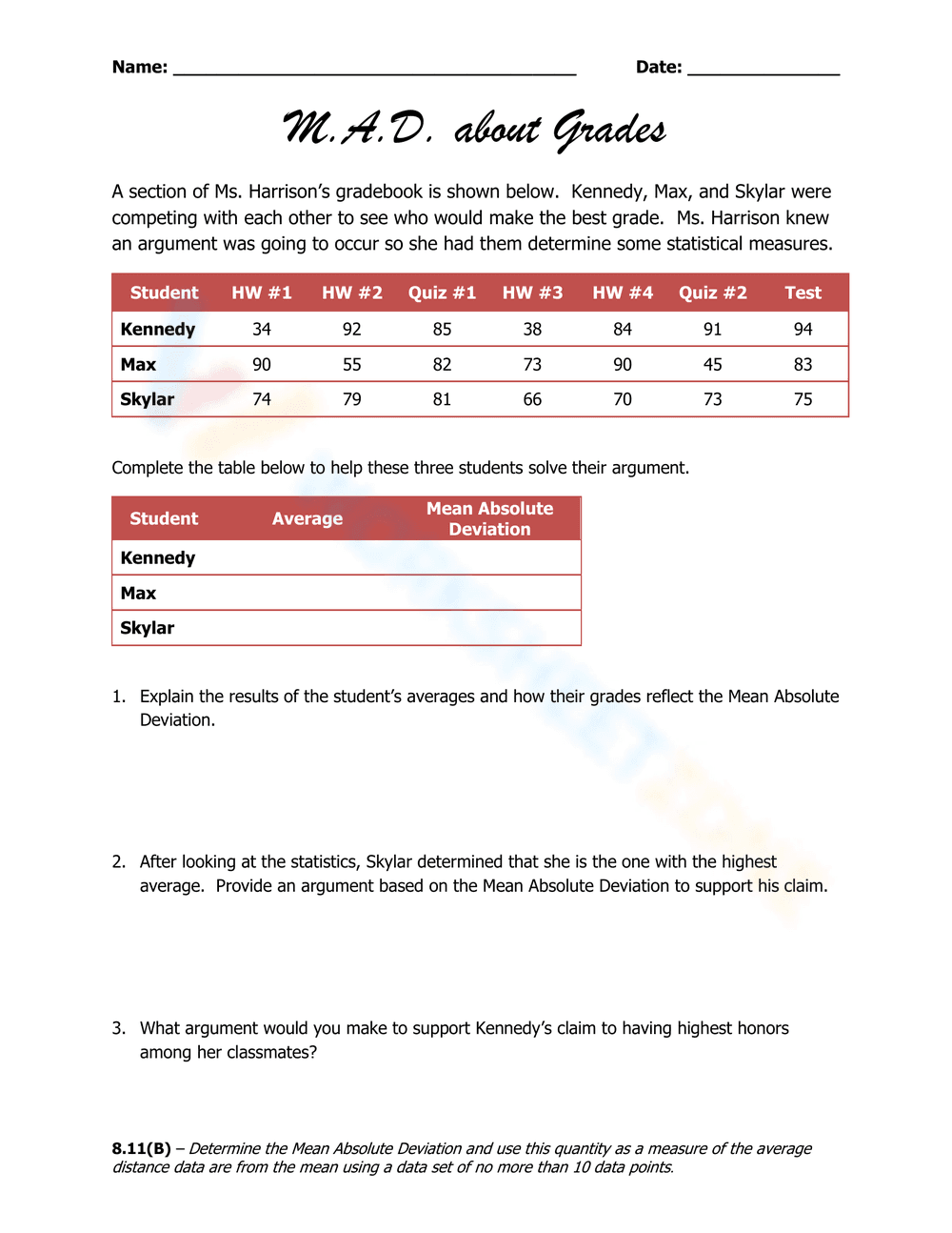 MAD About Grades: Mean Absolute Deviation Worksheet - Page 1