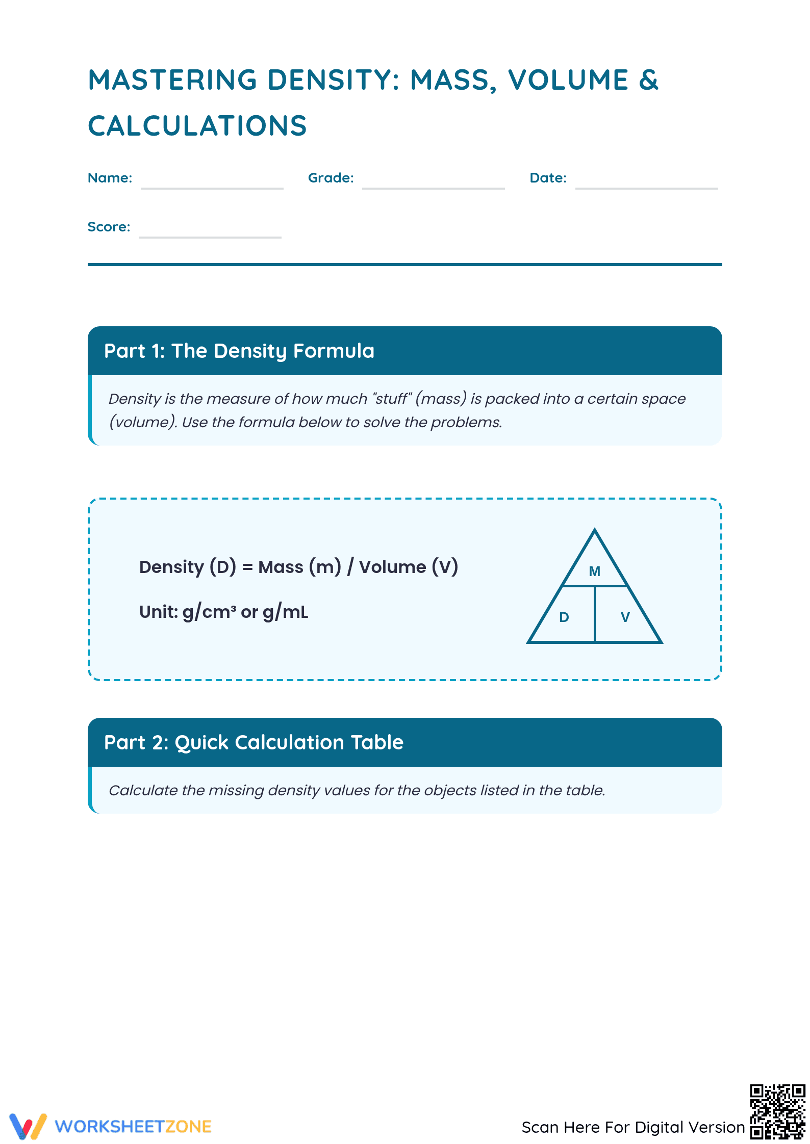 Grade 6 Density Calculations — Printable No-Prep Worksheet - Page 1