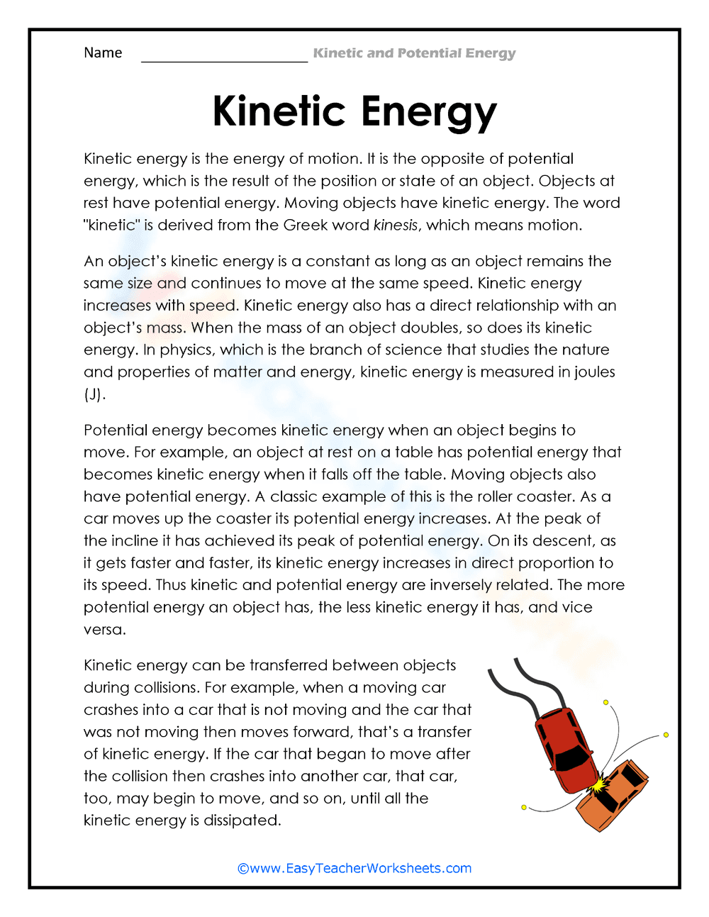 Explore Kinetic Energy: Reading Comprehension Worksheet - Page 1