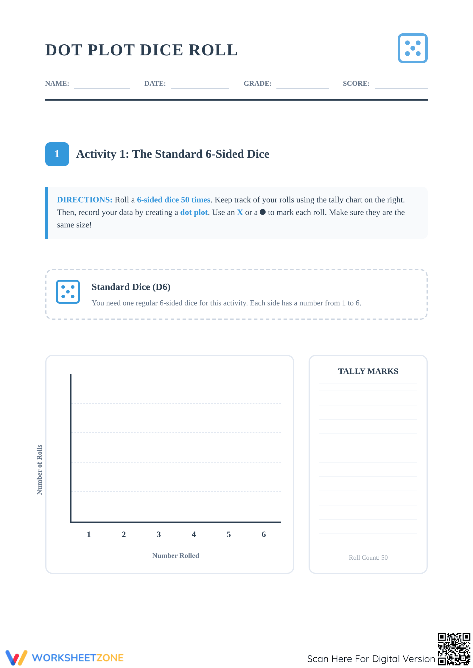 Printable Dot Plot Dice Roll Worksheet | Grade 4-5 Math - Page 1