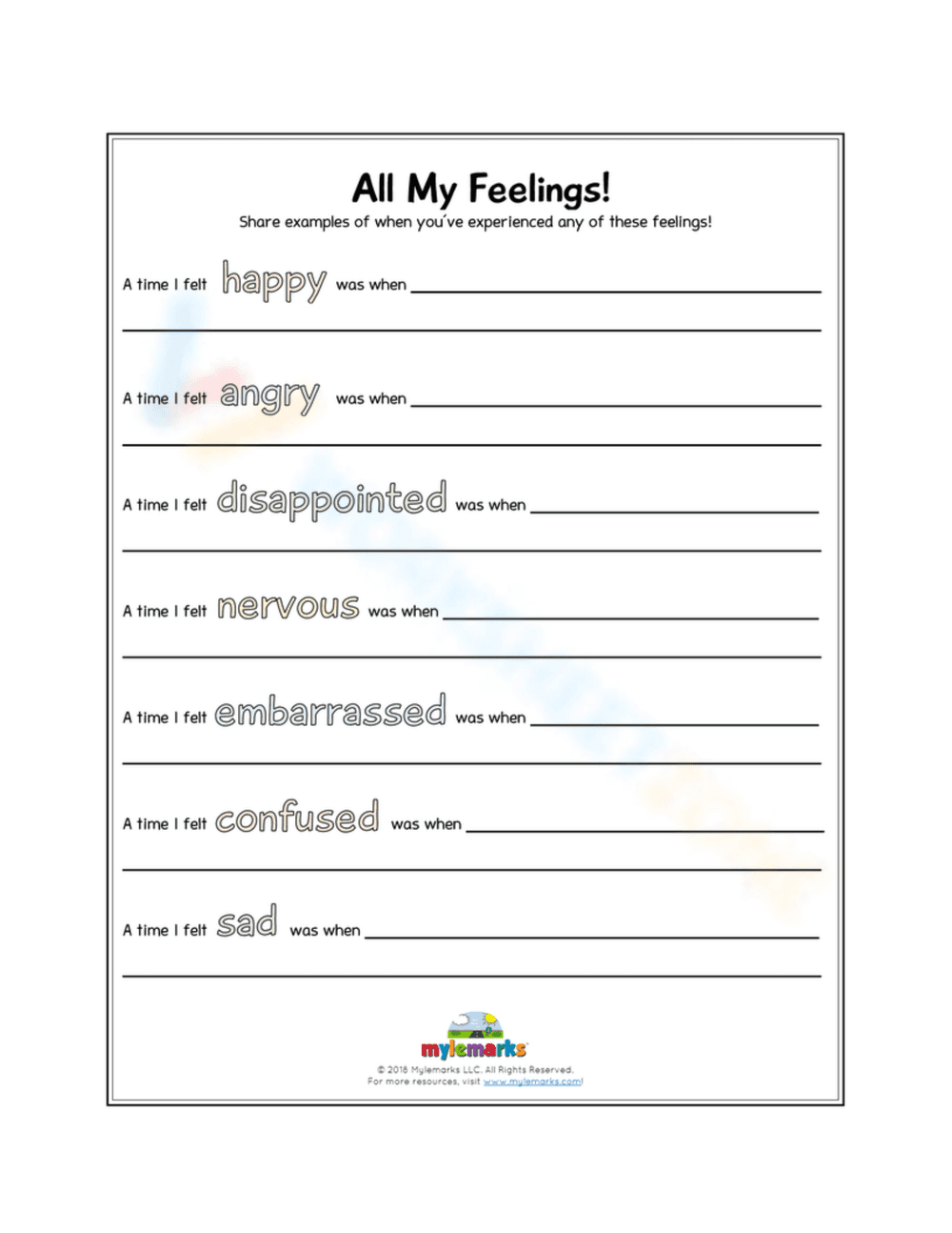All My Feelings: Emotional Awareness Worksheet for Kids - Page 1