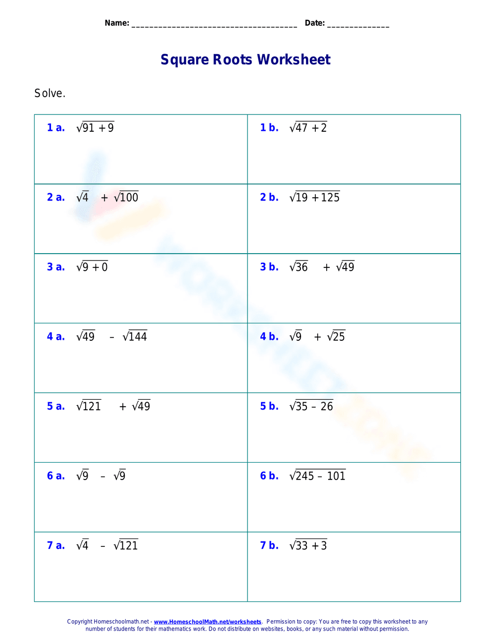 Square Roots Addition Subtraction Worksheet - Page 1