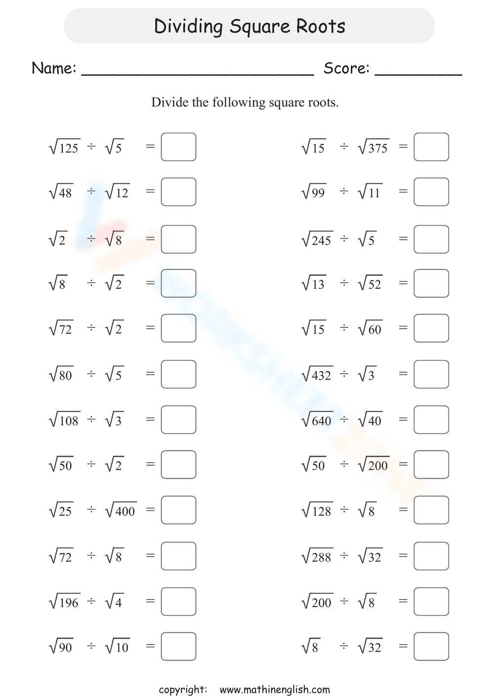 Dividing Square Roots Worksheet - Page 1