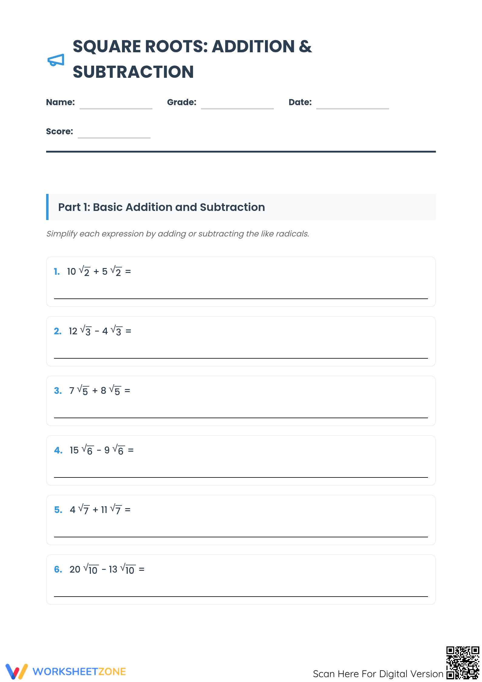 Square Roots Worksheet | Printable Grade 8 Math - Page 1