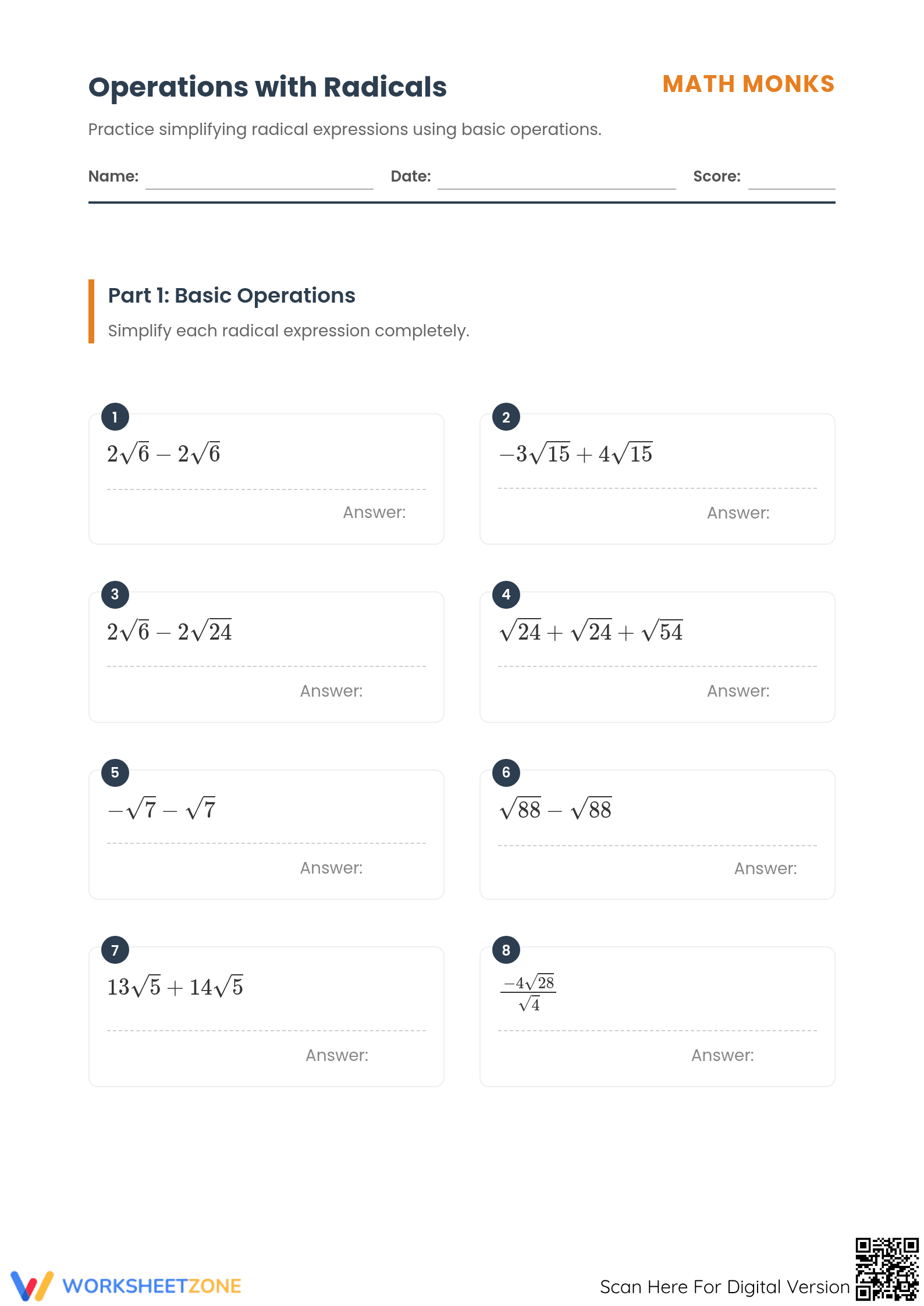 Aligned Operations with Radicals Worksheet | Grade 8-9 - Page 1