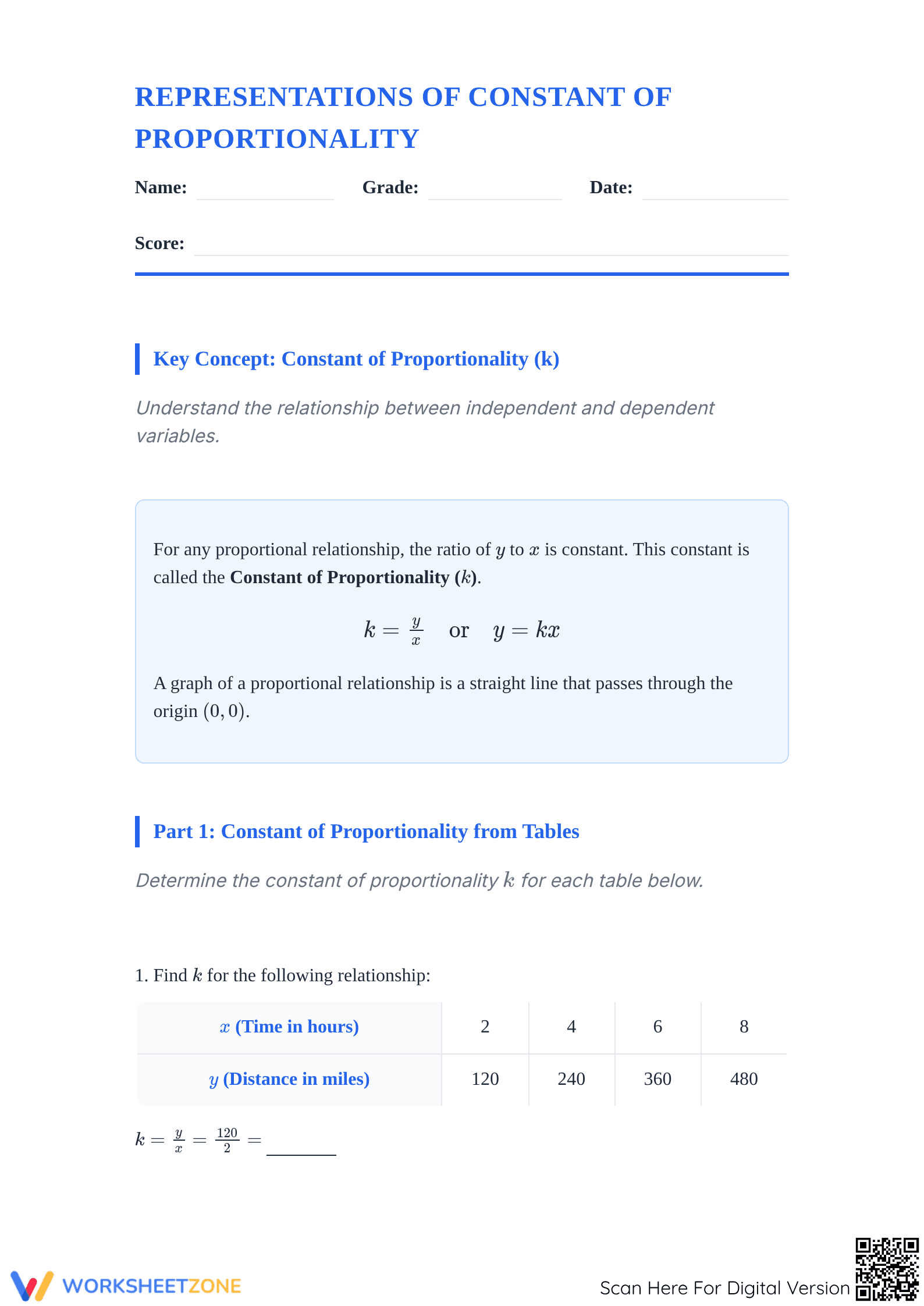 Constant of Proportionality Worksheet | Grade 7 Printable - Page 1
