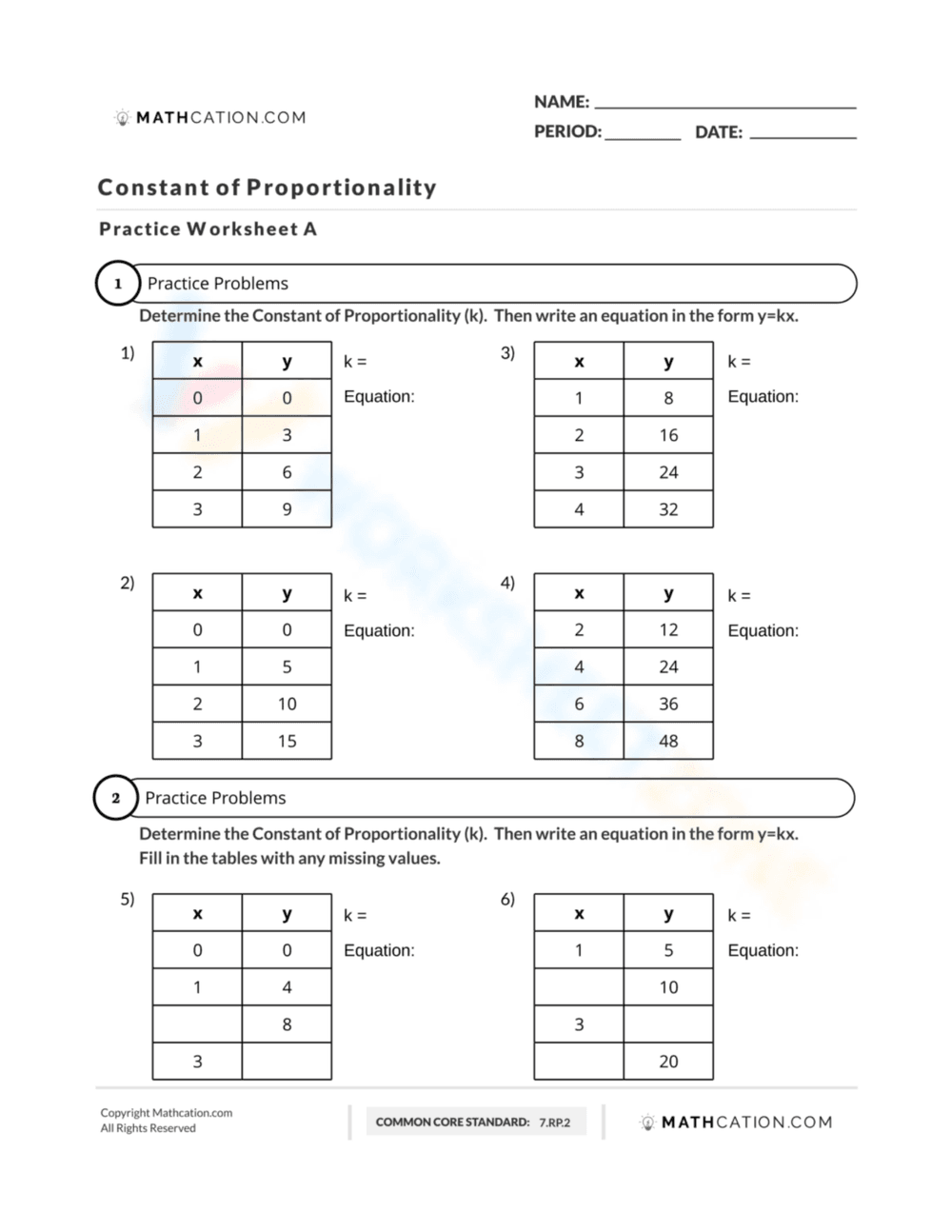 Constant of Proportionality Practice Worksheet - Page 1
