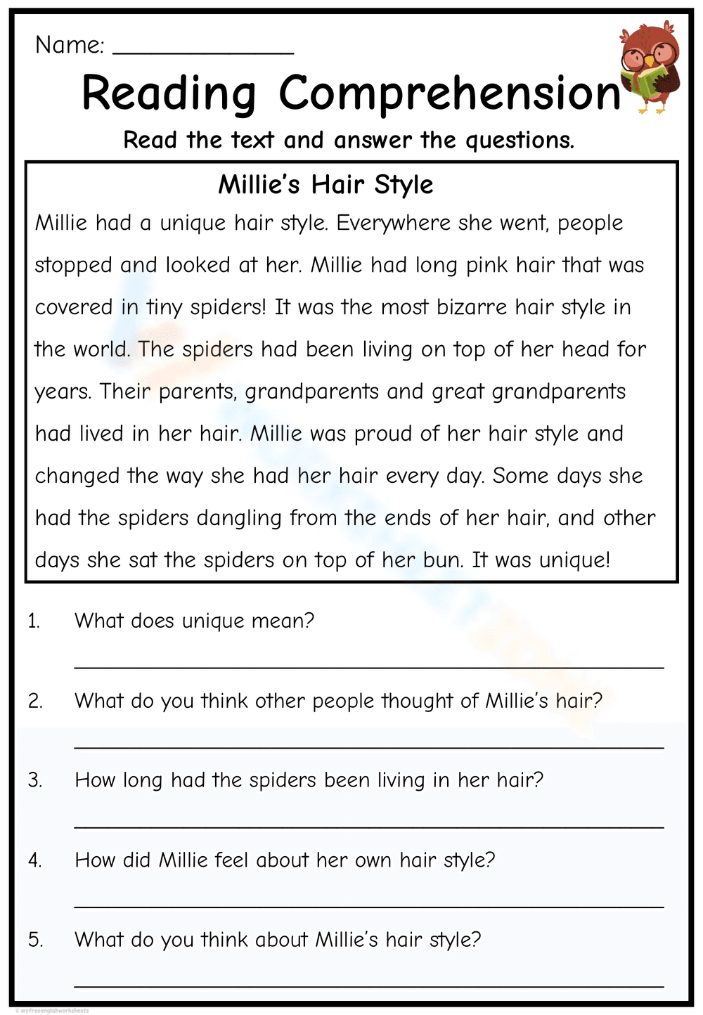 Millie’s Hair Style Reading Comprehension Worksheet - Page 1
