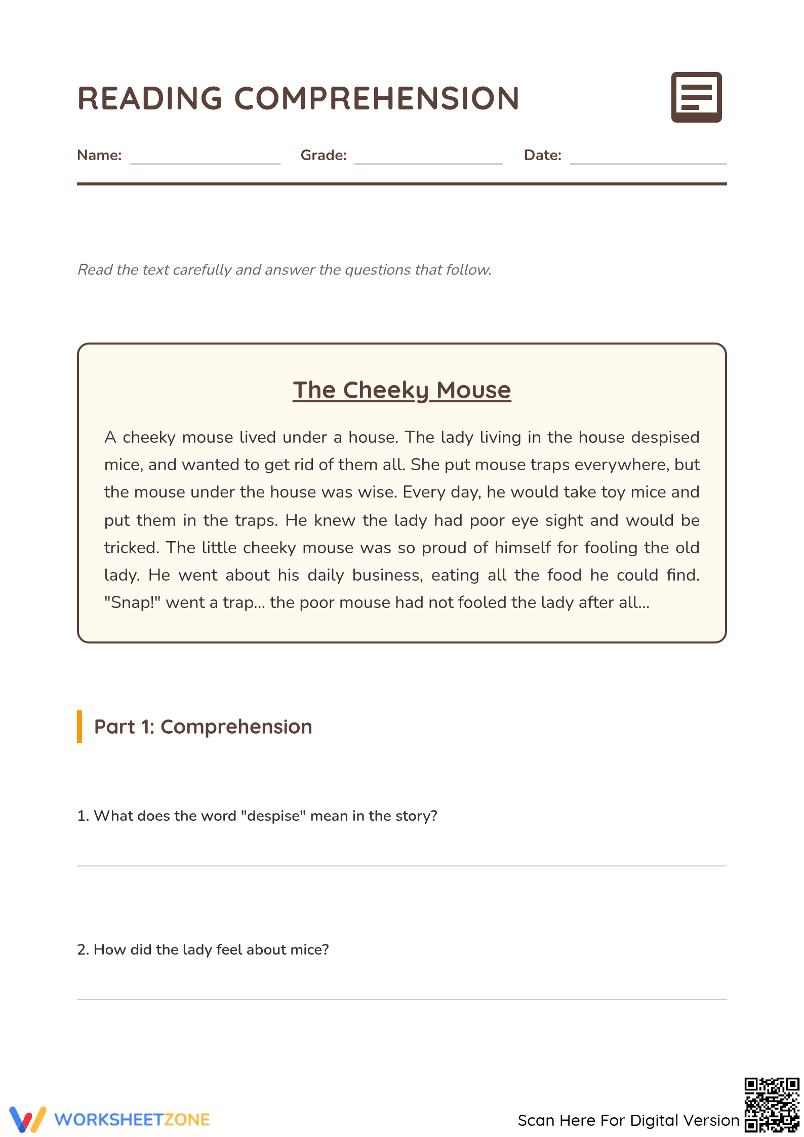Printable Reading Comprehension Worksheet | Grade 4 ELA - Page 1