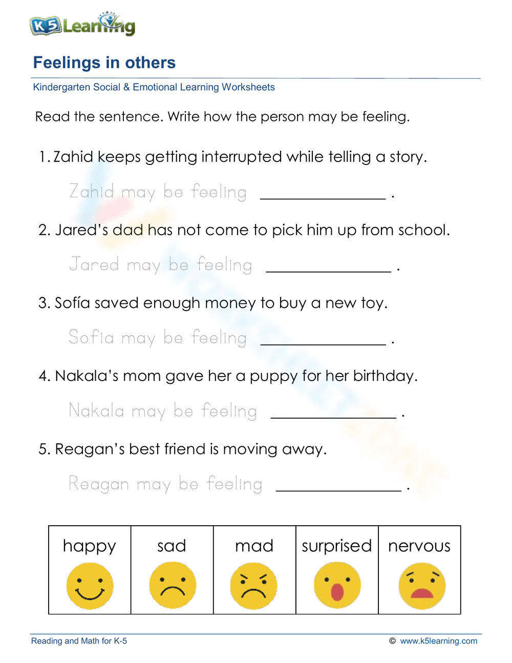 Identifying Feelings Worksheet | Grade 1 Essential - Page 1