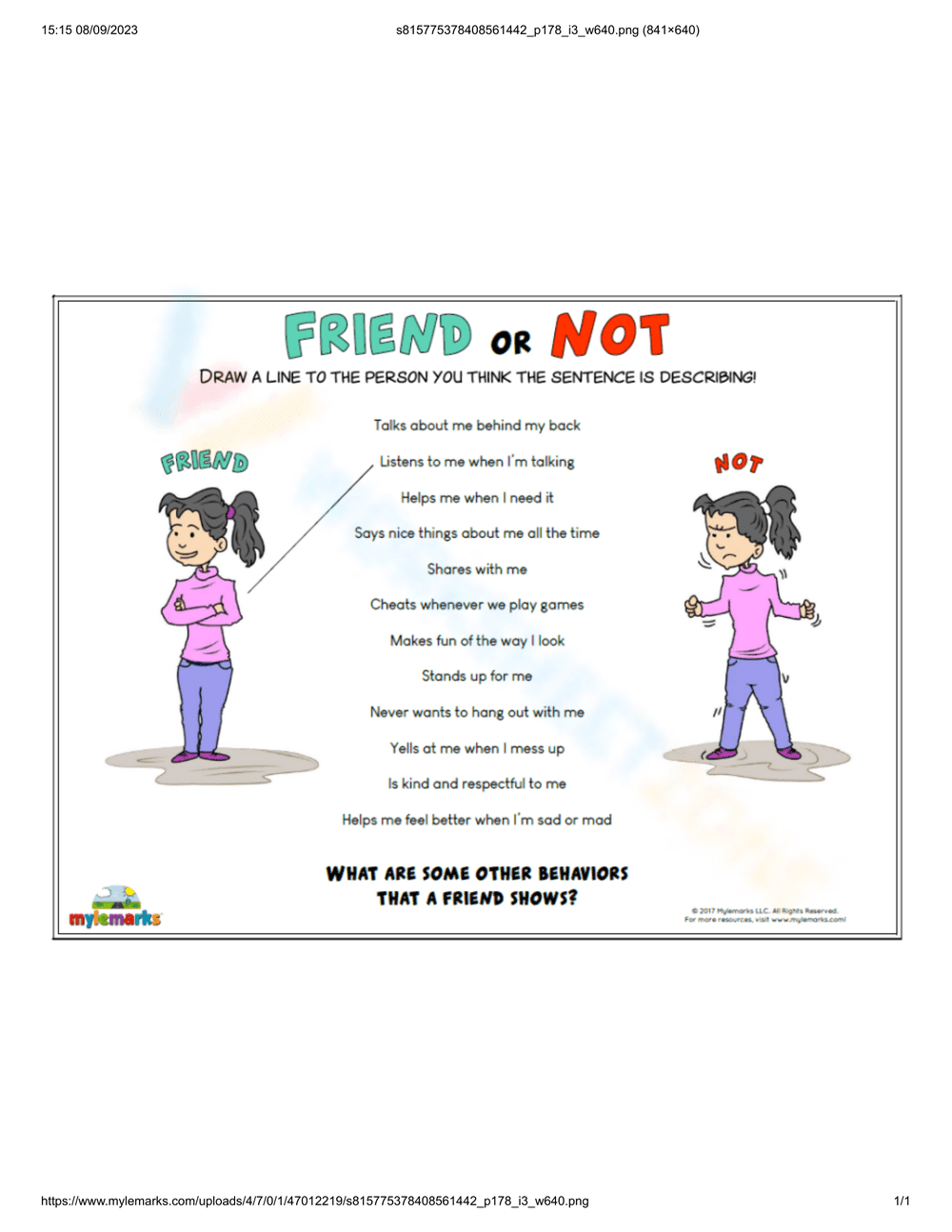 Friend or Not Social Skills Worksheet | Printable Grade 1 - Page 1