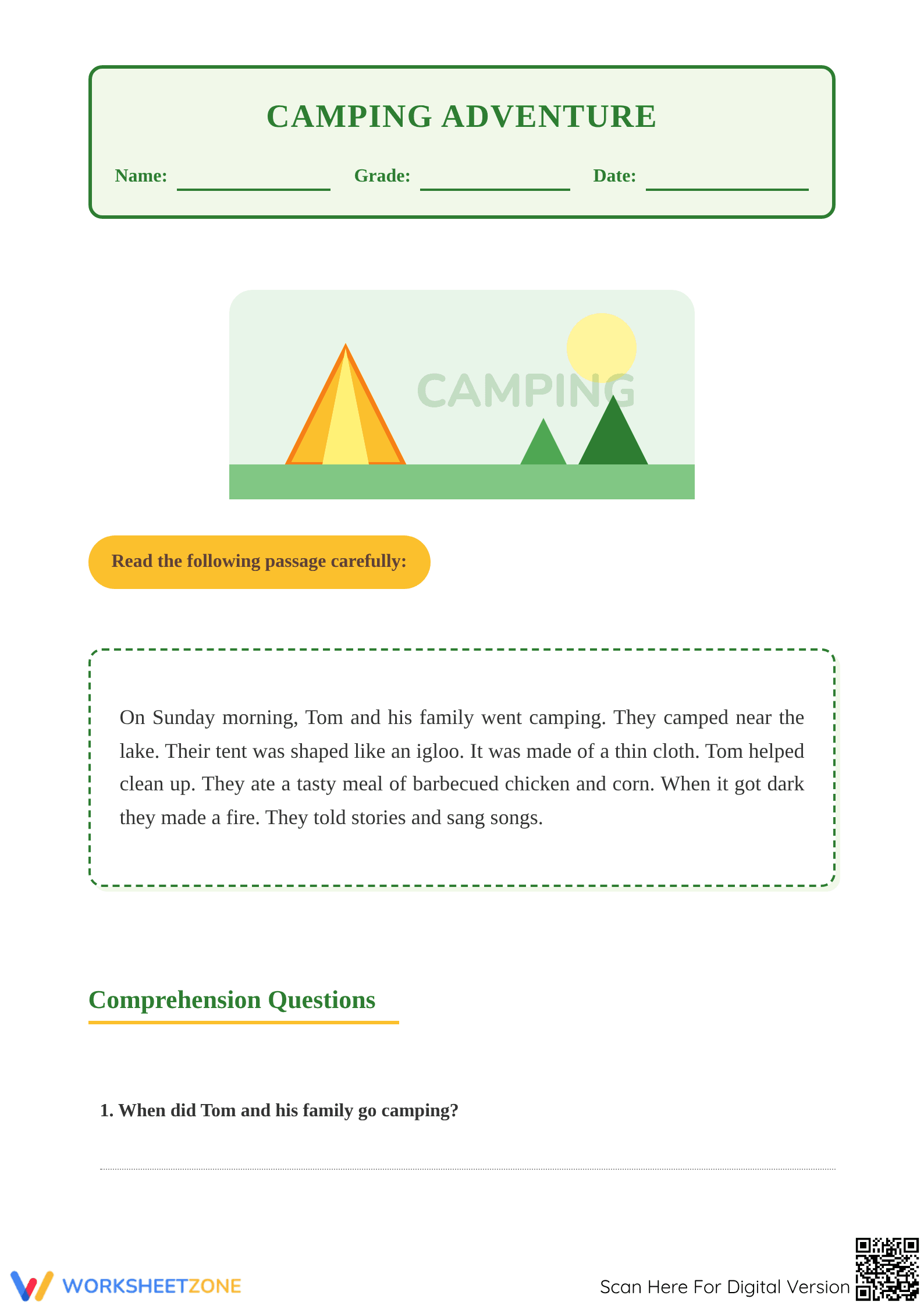 Camping Reading Comprehension | Grade 2-3 Printable - Page 1