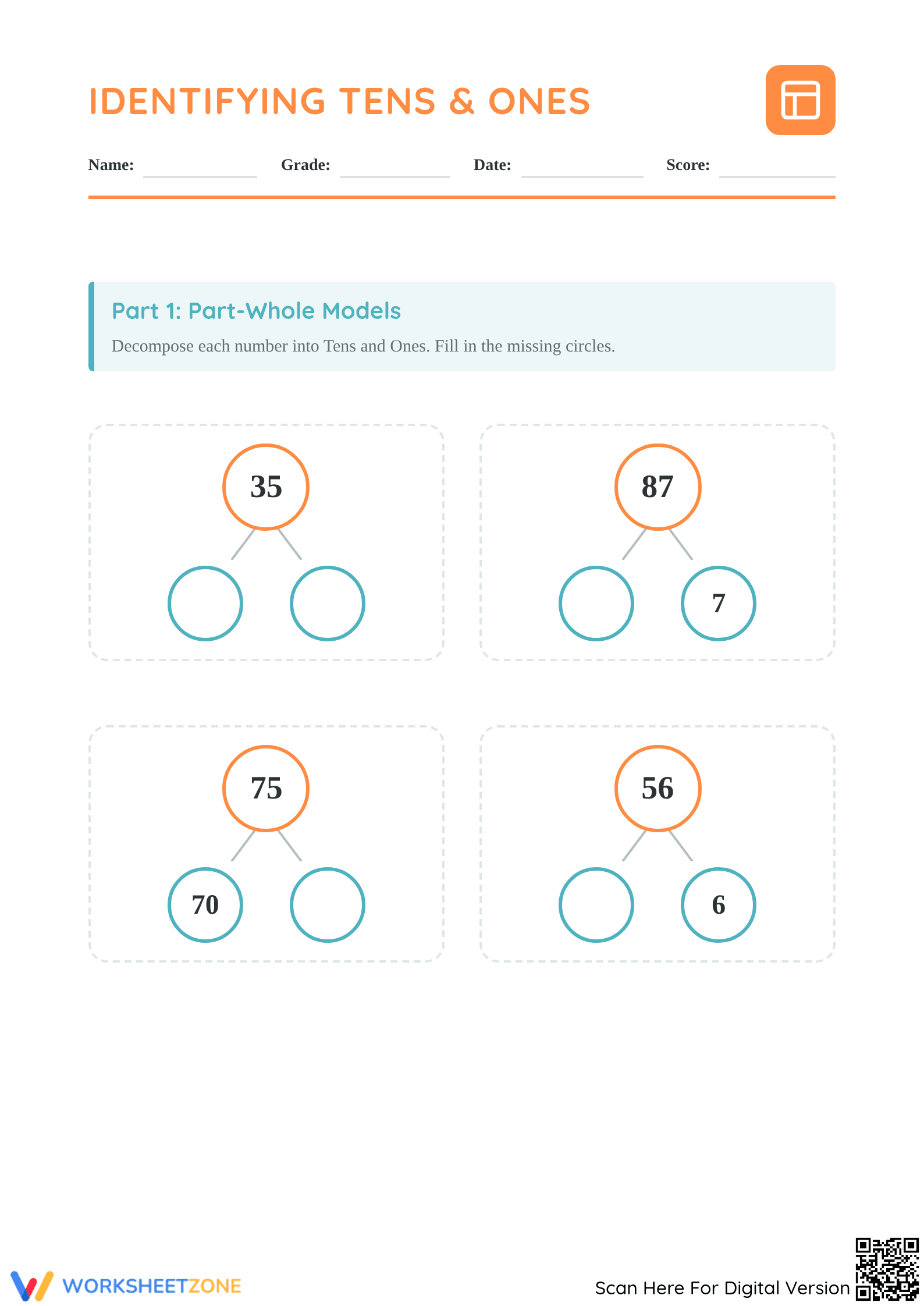 Identifying Tens and Ones Worksheet | Grade 1 Printable - Page 1