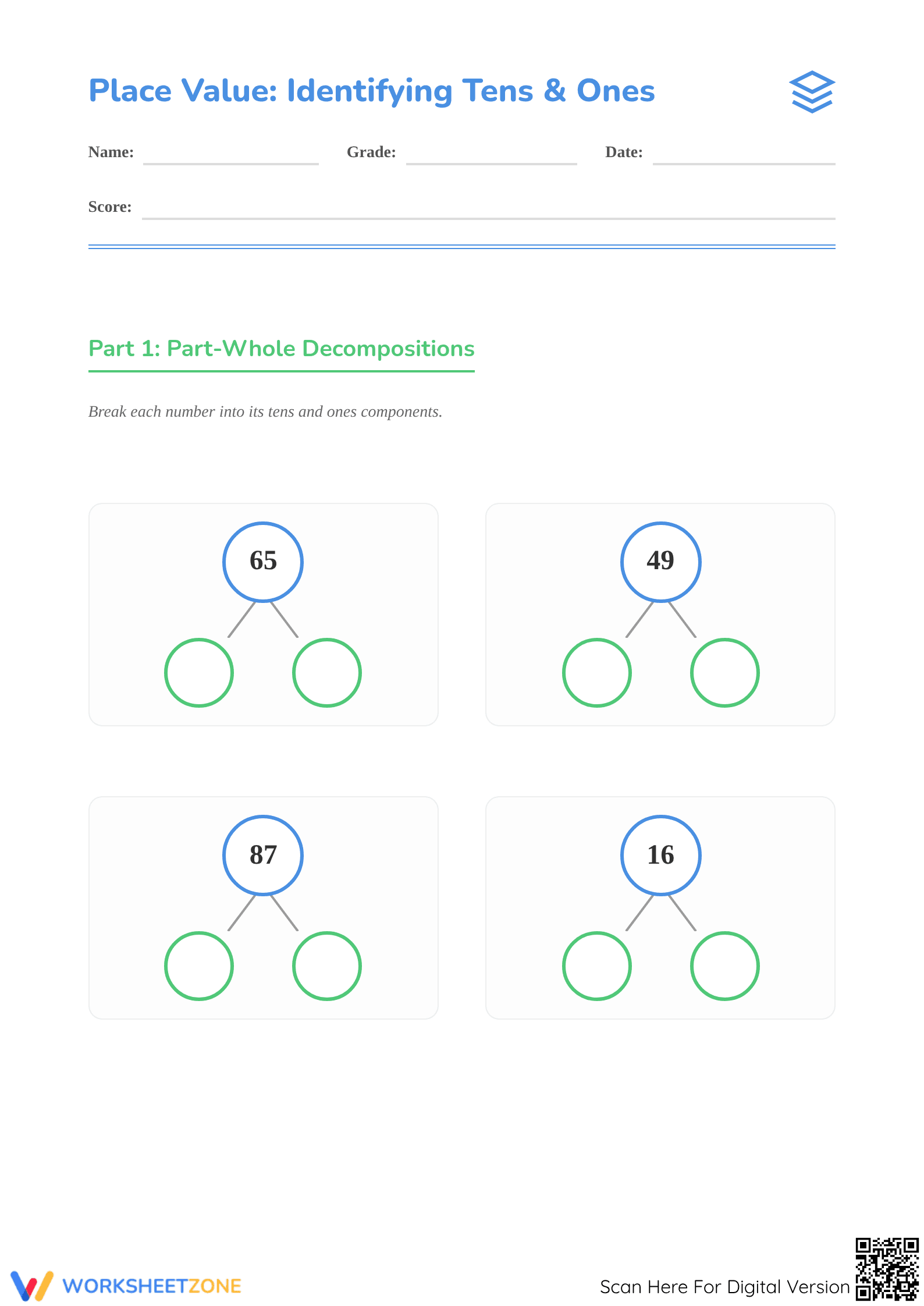 Printable Tens and Ones Place Value Worksheet | Grade 2 - Page 1