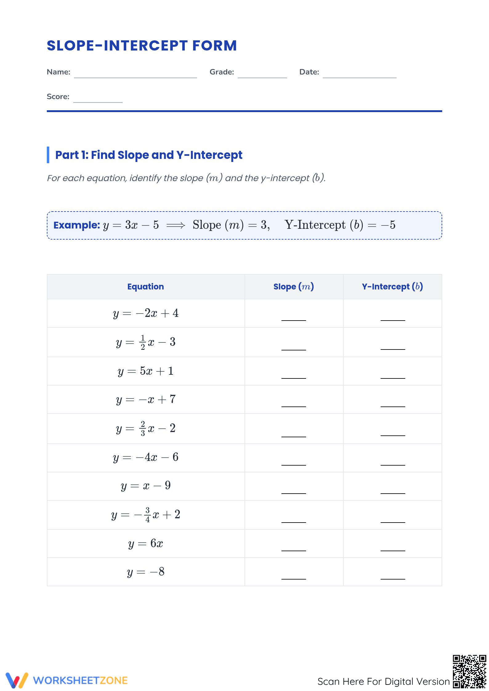 Slope Intercept Form Worksheet | Essential Grade 8 Math - Page 1
