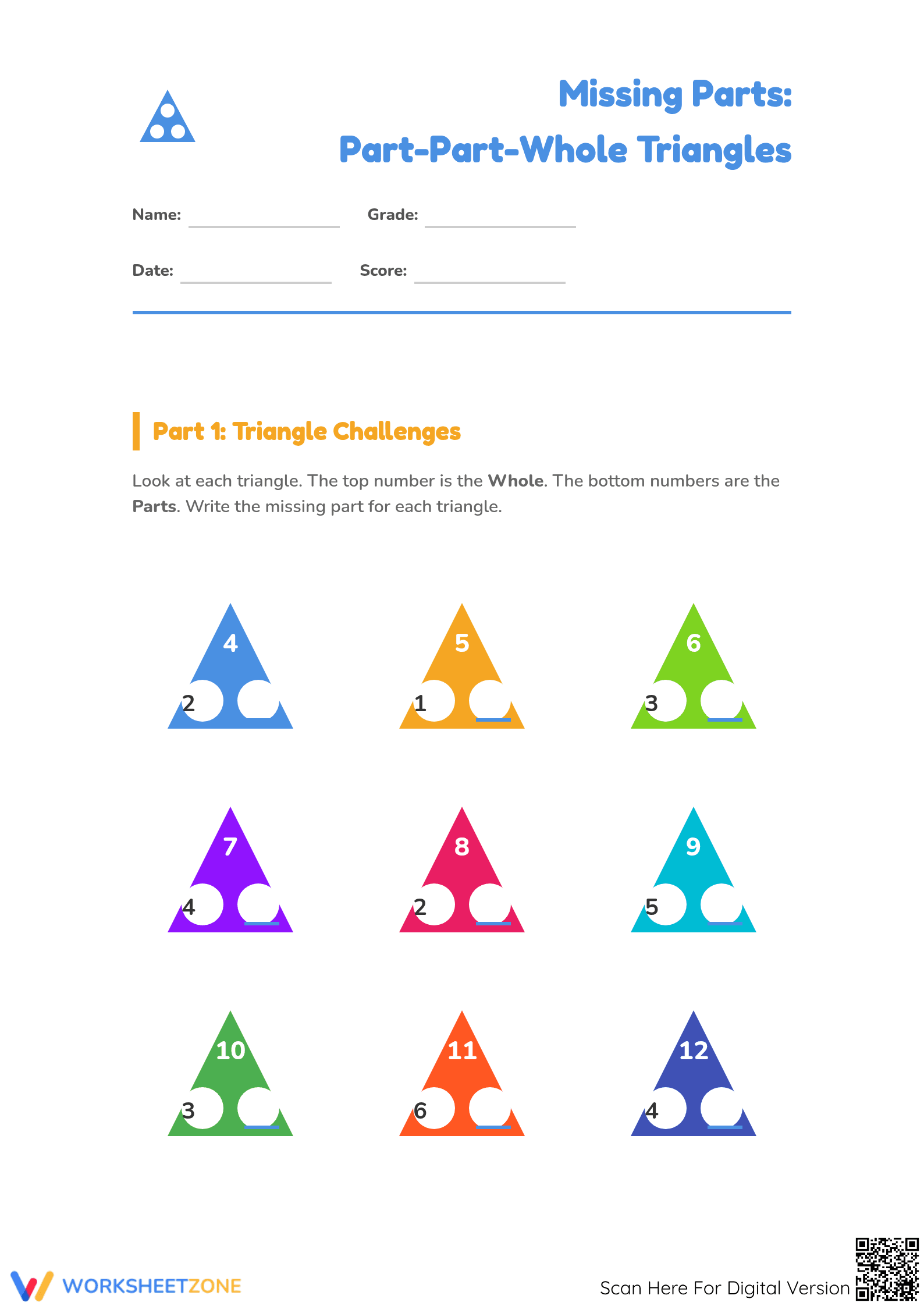 Printable Part-Part-Whole Math Worksheet | Grade 1-2 - Page 1