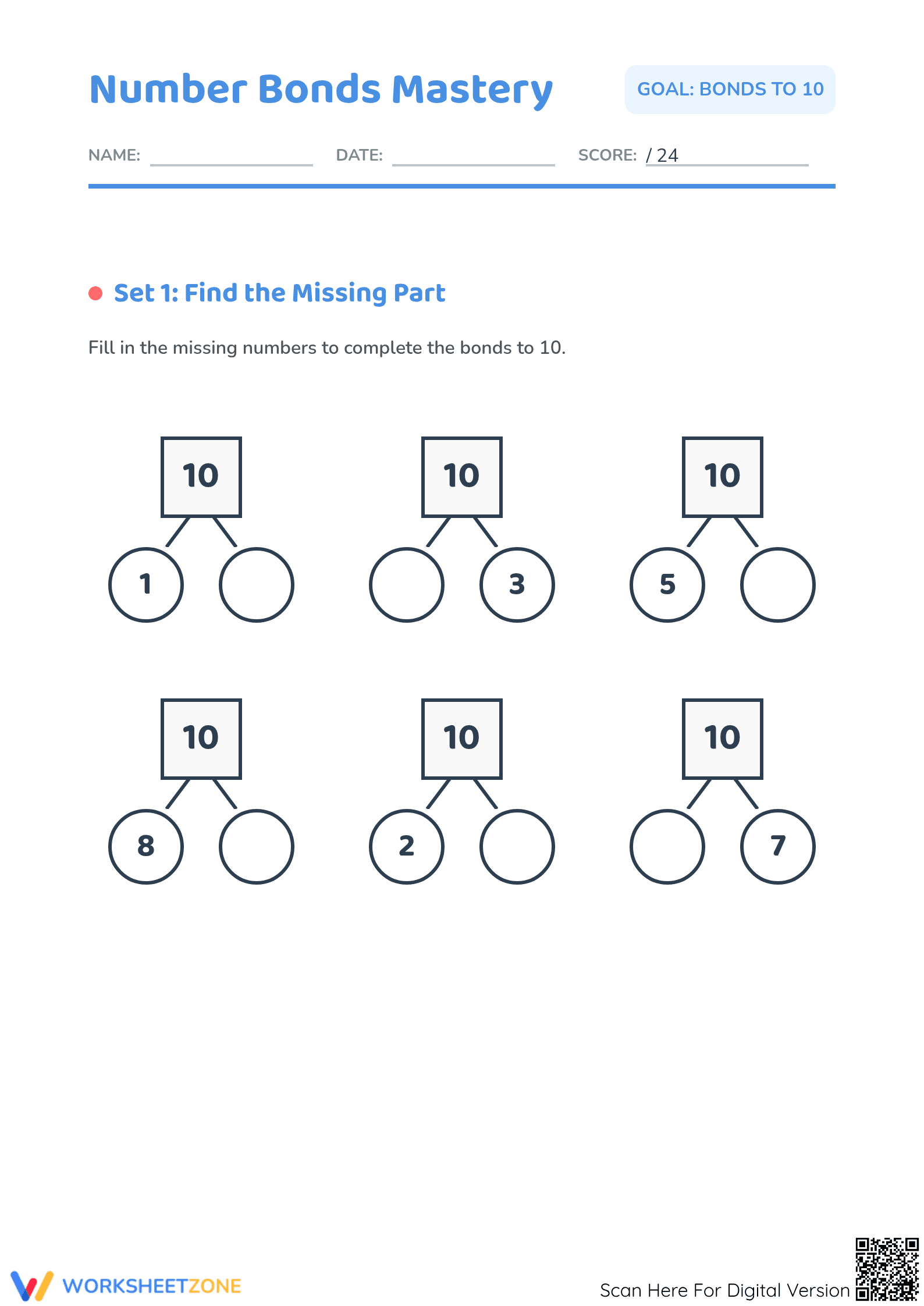 Printable Number Bonds to 10 Worksheet | Grade 1 Math - Page 1