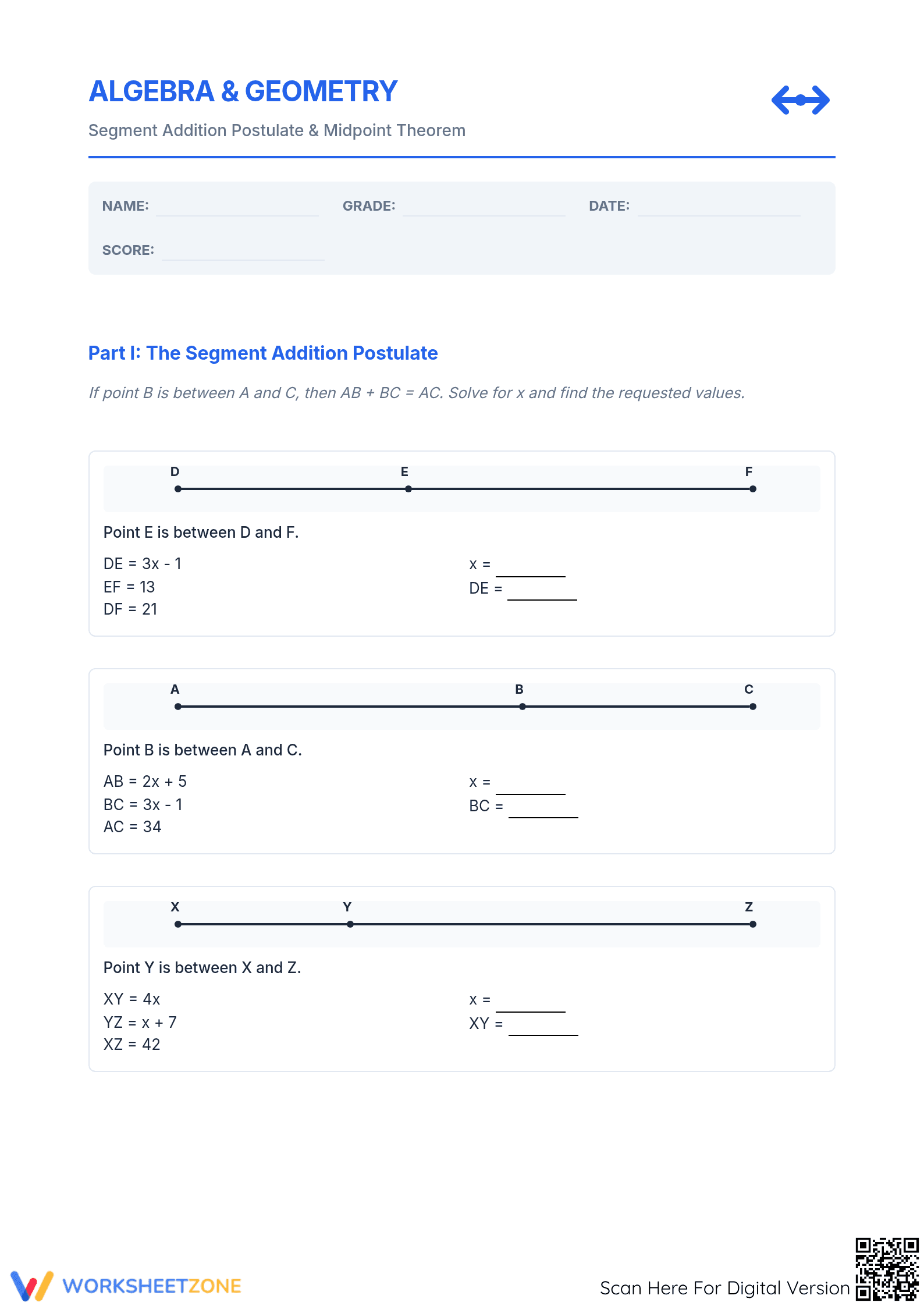 Essential Segment Addition and Midpoint Algebra Worksheet - Page 1
