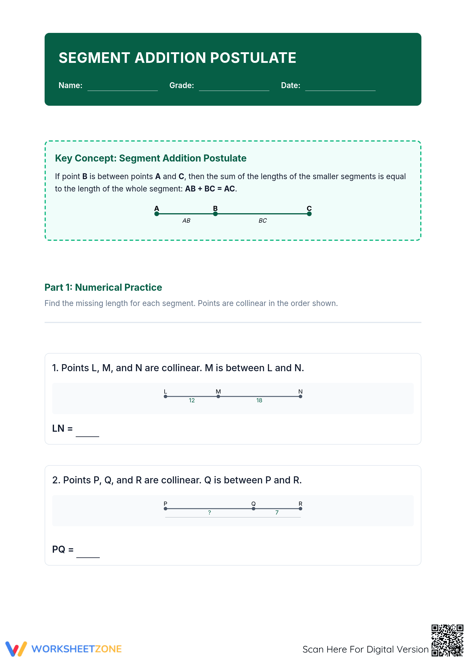 Printable Segment Addition Postulate Worksheet | Grade 8 - Page 1