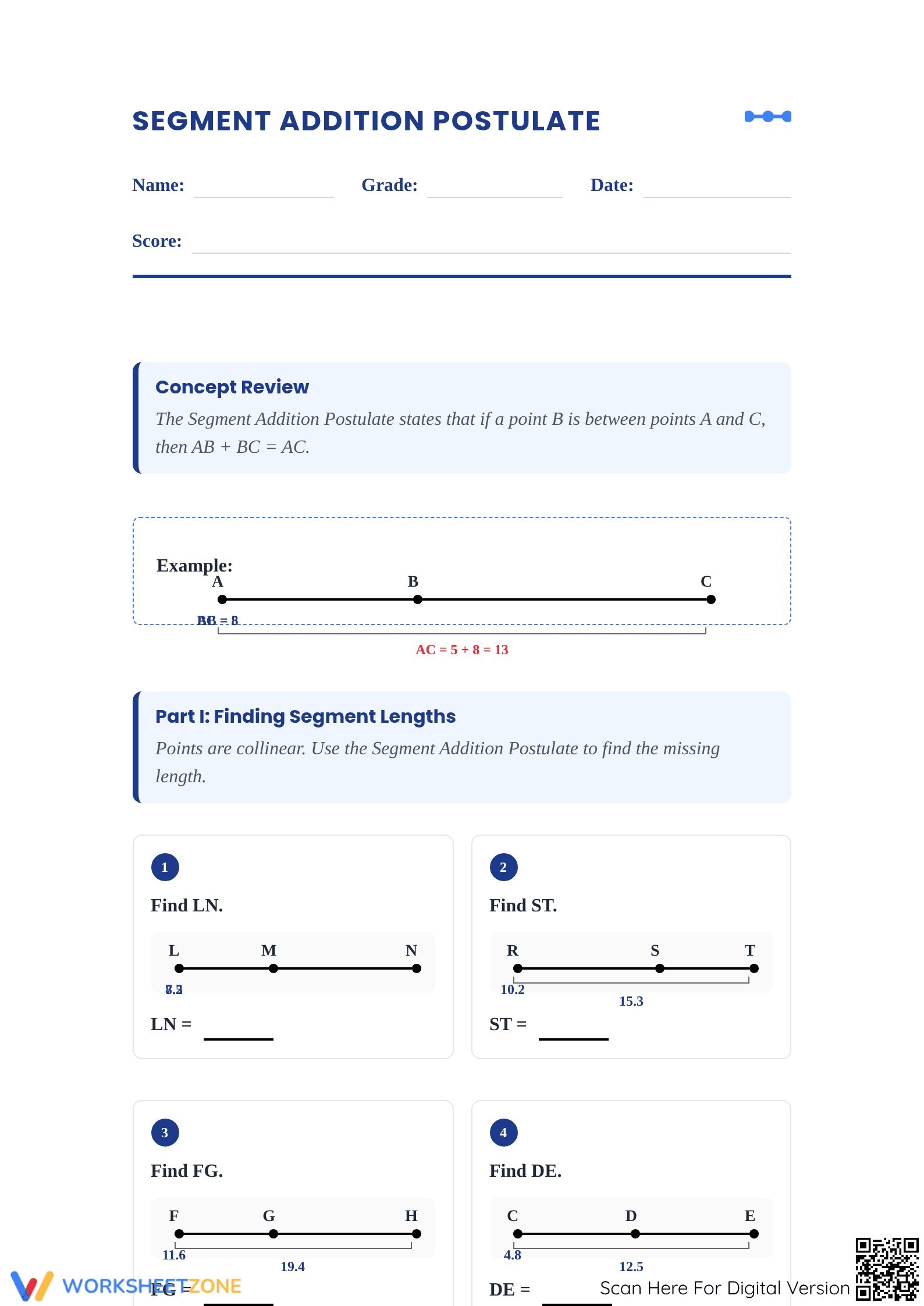 Printable Grade 8 Segment Addition Postulate Worksheet - Page 1