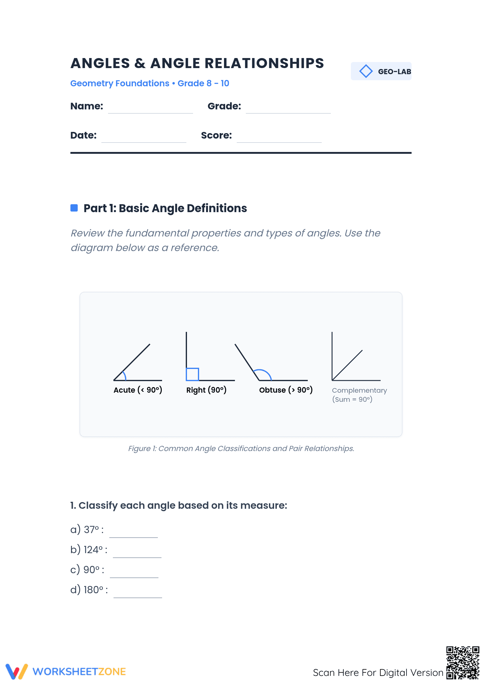 Printable Angles & Angle Relationships Worksheet (8-10) - Page 1