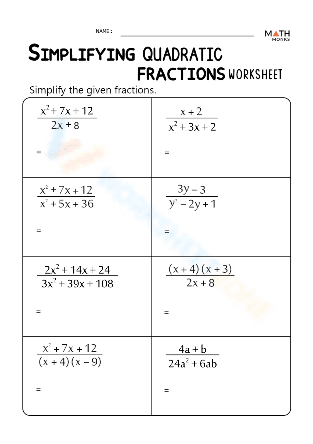 Simplifying Quadratic Fractions Worksheet - Page 1