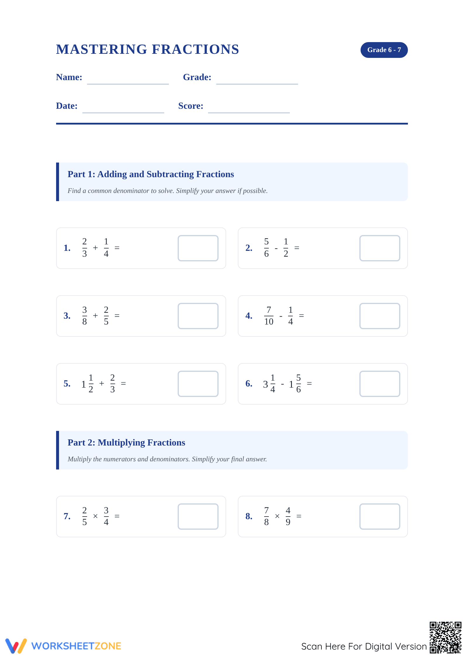 7.NS.A.3 Worksheet: Fraction Operations — Grade 7 Aligned - Page 1