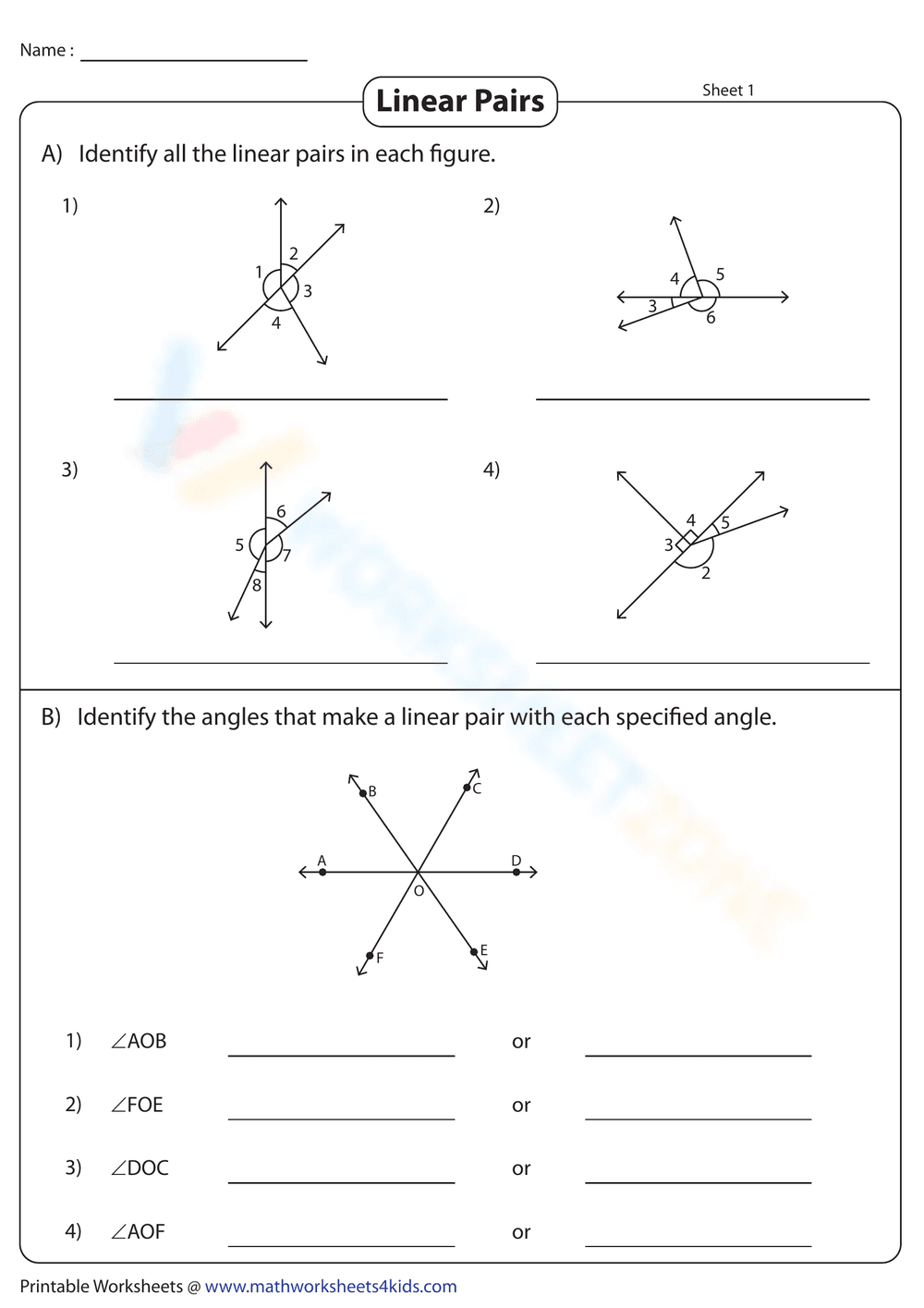 Identifying Linear Pairs of Angles - Page 1