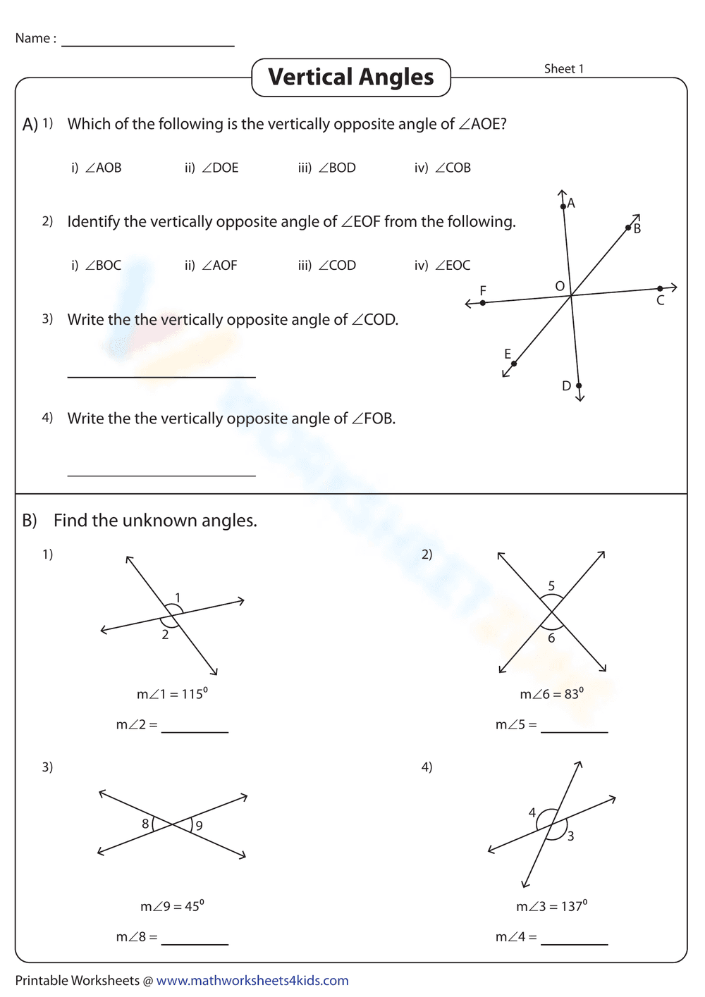 Vertical Angles Practice - Geometry Worksheet - Page 1