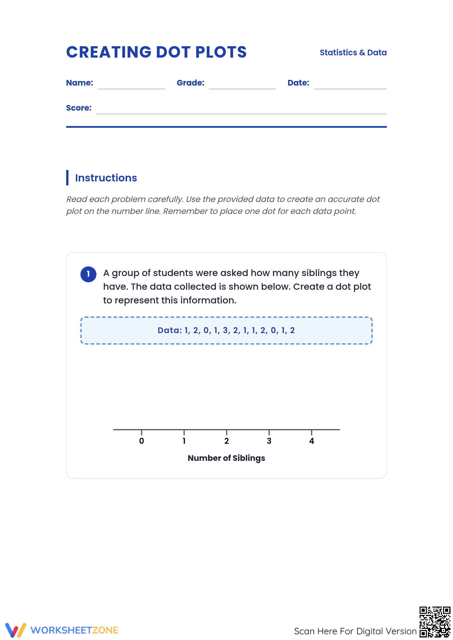 Grade 6 Creating Dot Plots — Printable No-Prep Worksheet - Page 1