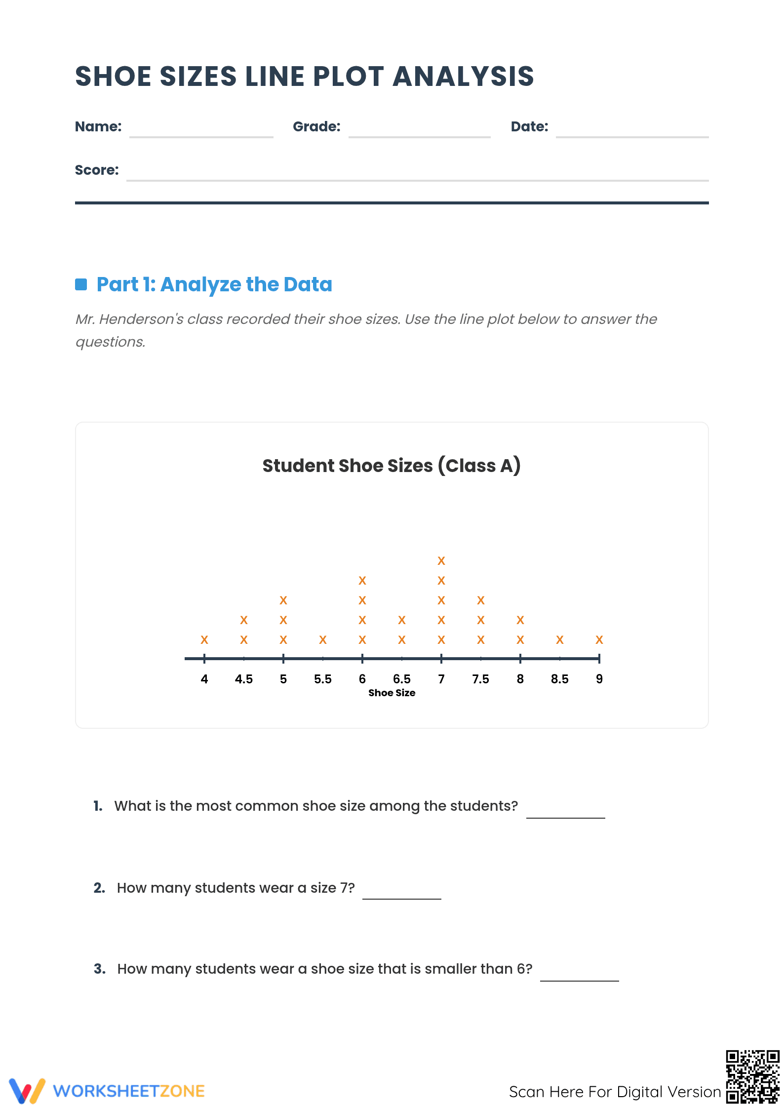 Shoe Sizes Line Plot Worksheet | Grade 4 Printable Math - Page 1