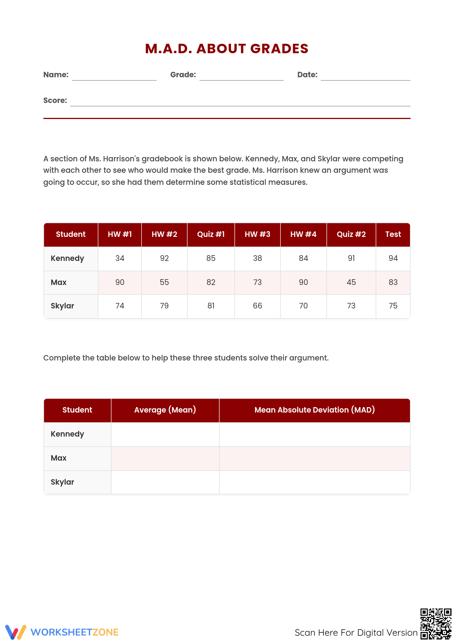 Essential 8.11(B) Worksheet: Mean Absolute Deviation Aligned - Page 1