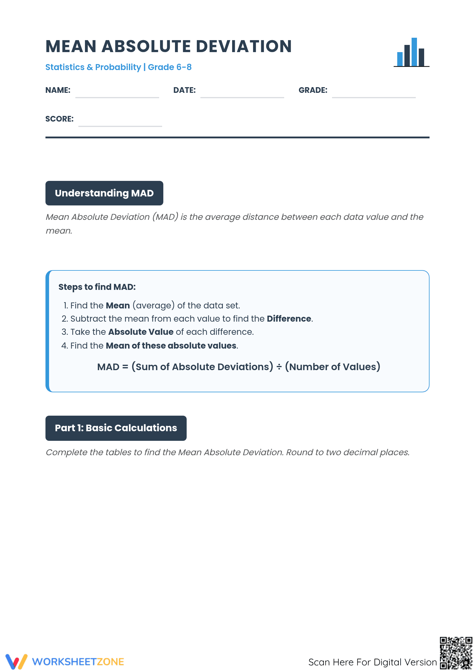 Printable Mean Absolute Deviation Worksheet | Grade 6-8 Math - Page 1