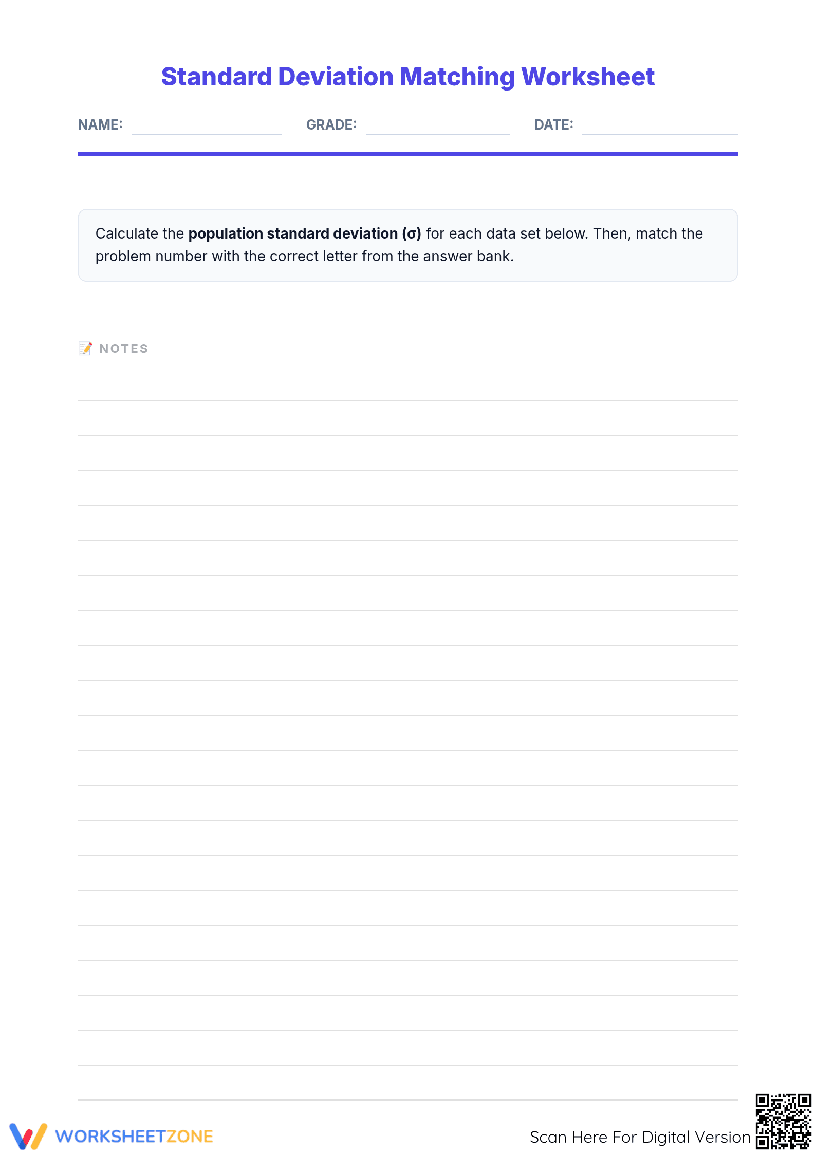 Printable Standard Deviation Practice: Grade 6-7 Stats - Page 1